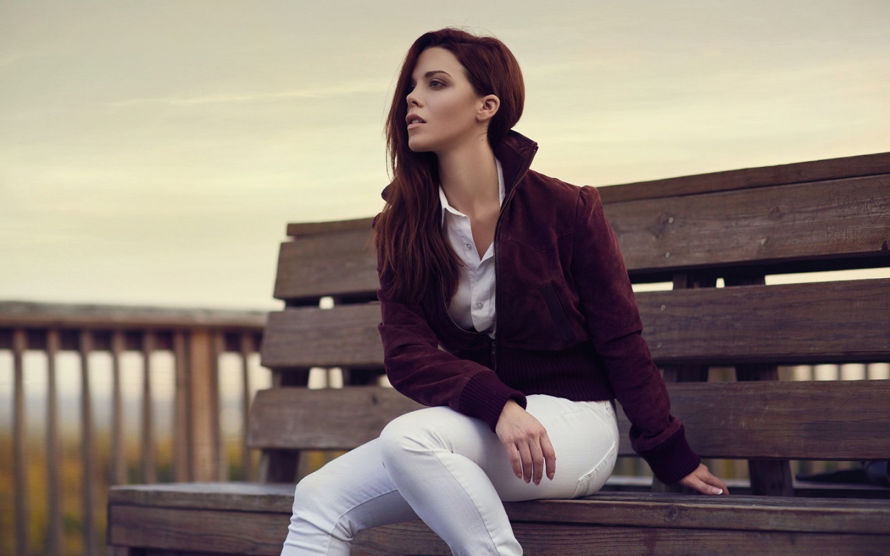Women Model Sitting On Bench Brown Jacket Brunette 1280x800