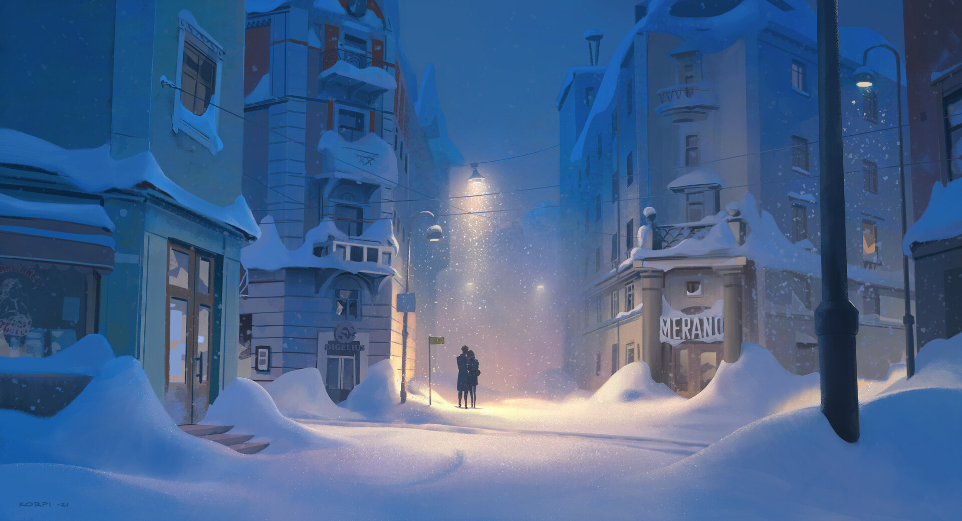 Tuomas Korpi Artwork ArtStation City Night Snow Cold Ice Outdoors 1920x1040