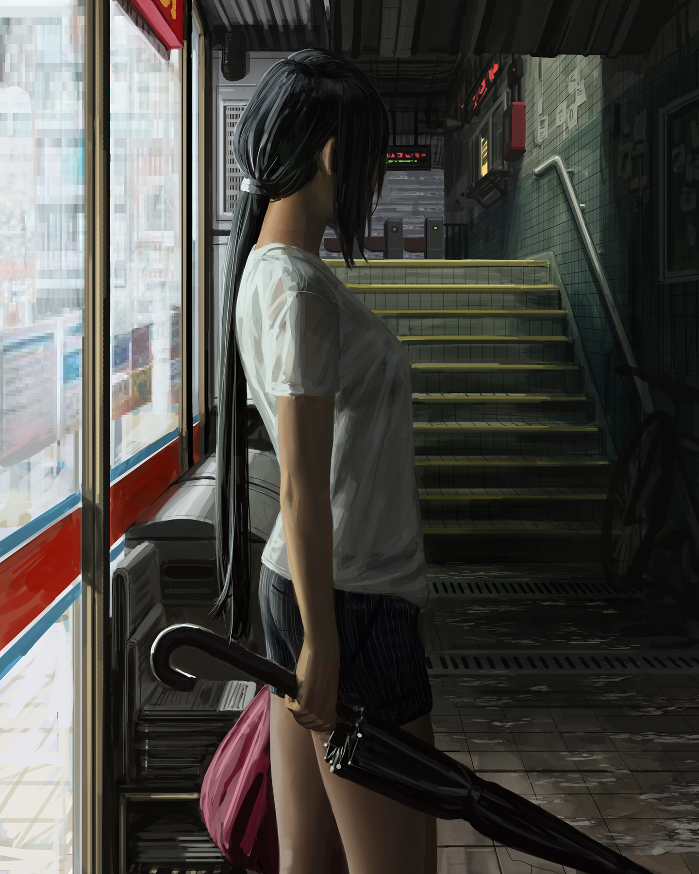 GUWEiZ Digital Art Digital Painting Artwork Women Drawing Umbrella Stairs Shorts Long Hair Fictional 1440x1800