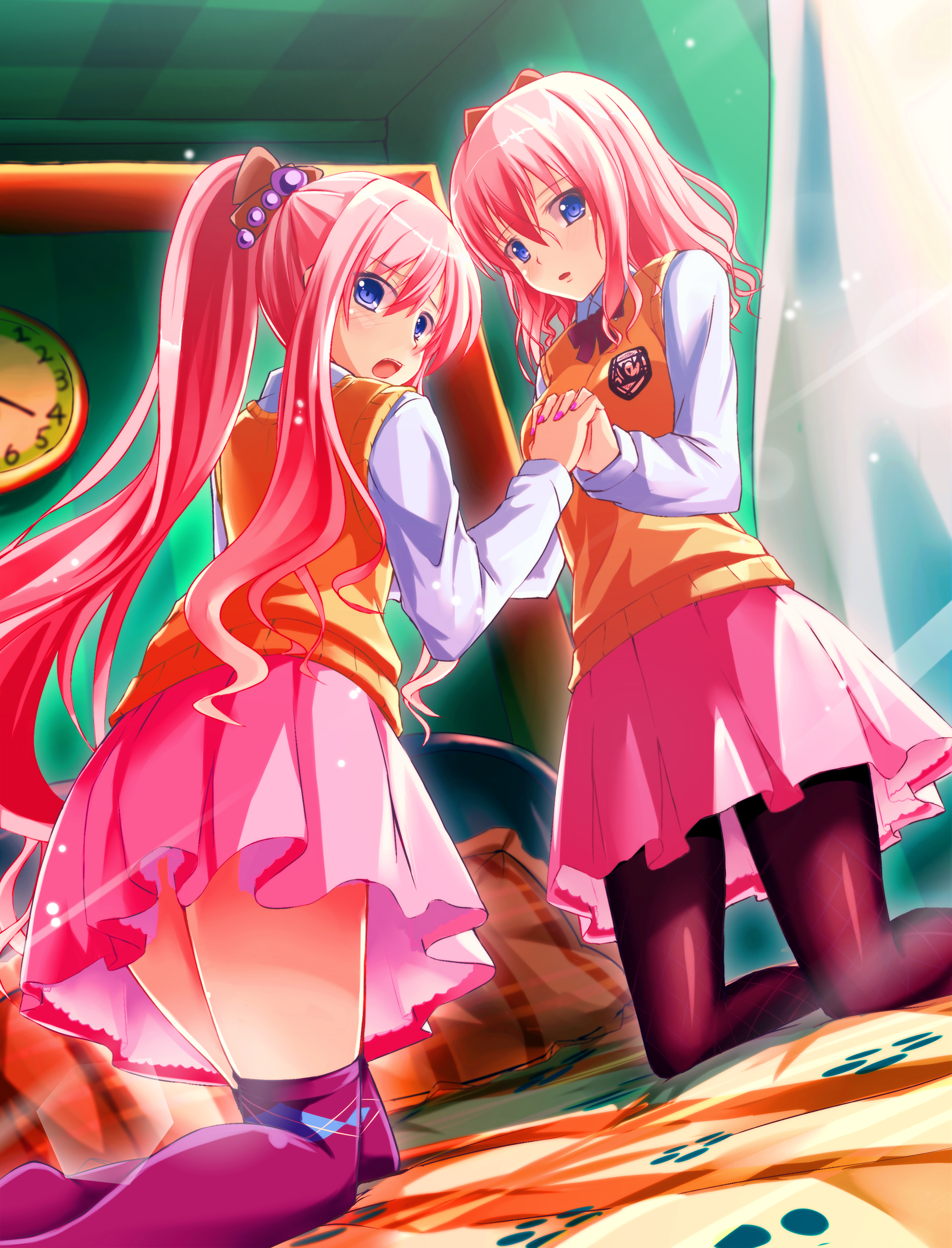 Anime Anime Girls Long Hair Pink Hair Twins Original Characters Artwork Digital Art Fan Art School U 2000x2621