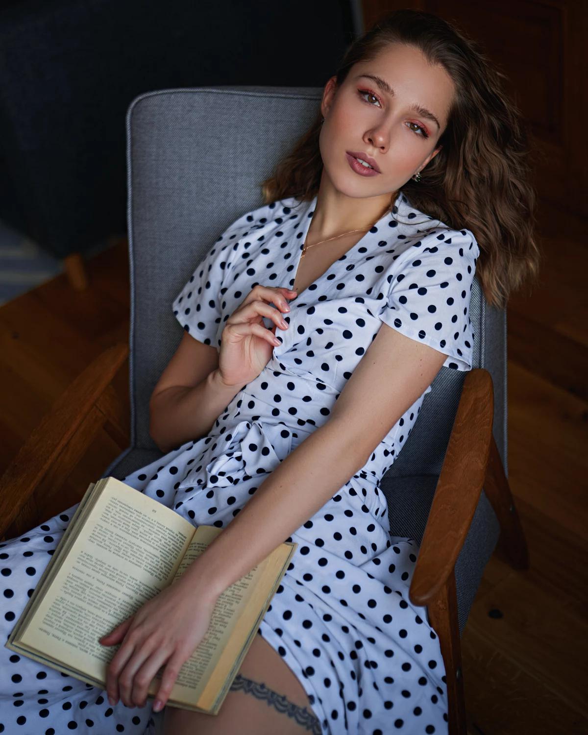 Sophia Fuzein Sergey Fat Dots Books Dress Tattoo Looking At Viewer Necklace Brunette Chair Sitting 1200x1500