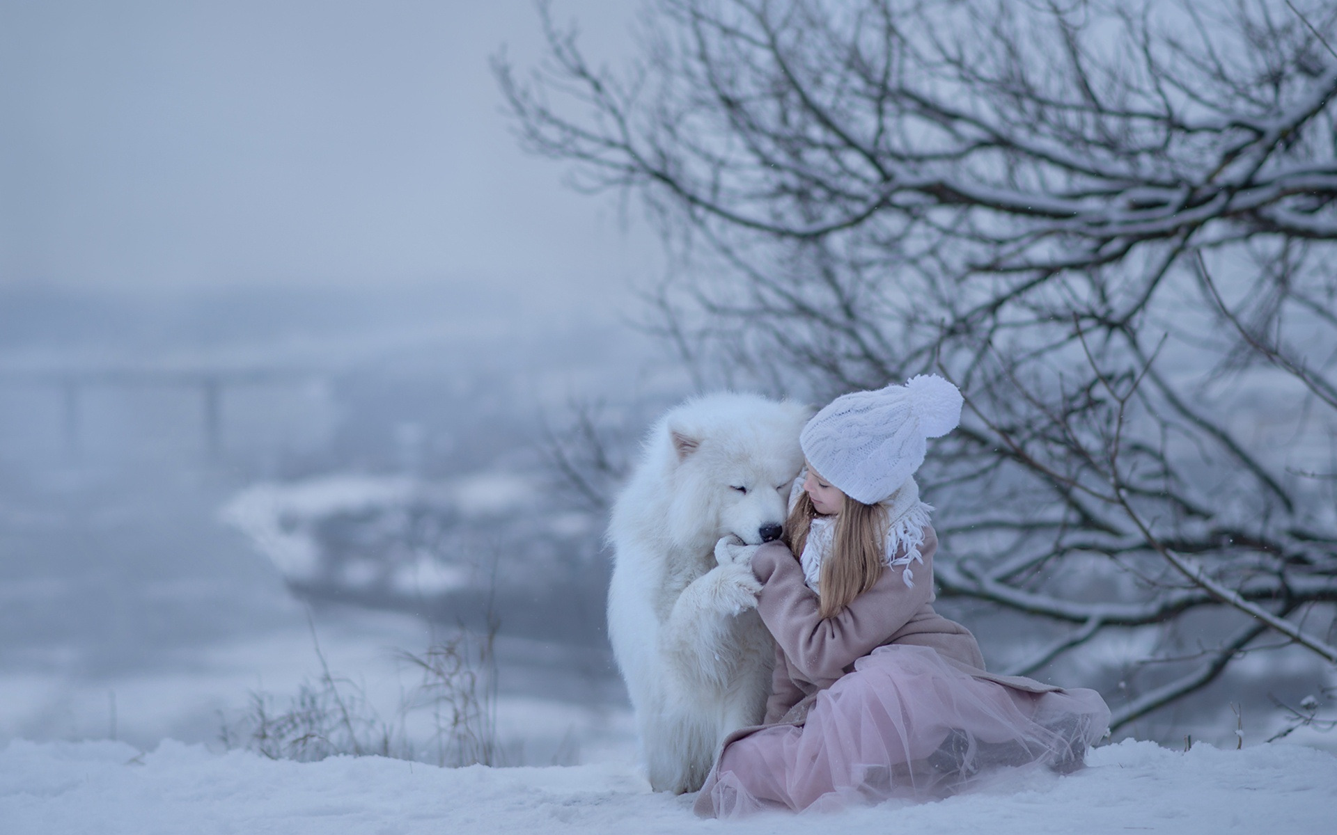 Little Girl Dog Samoyed Winter 1920x1200