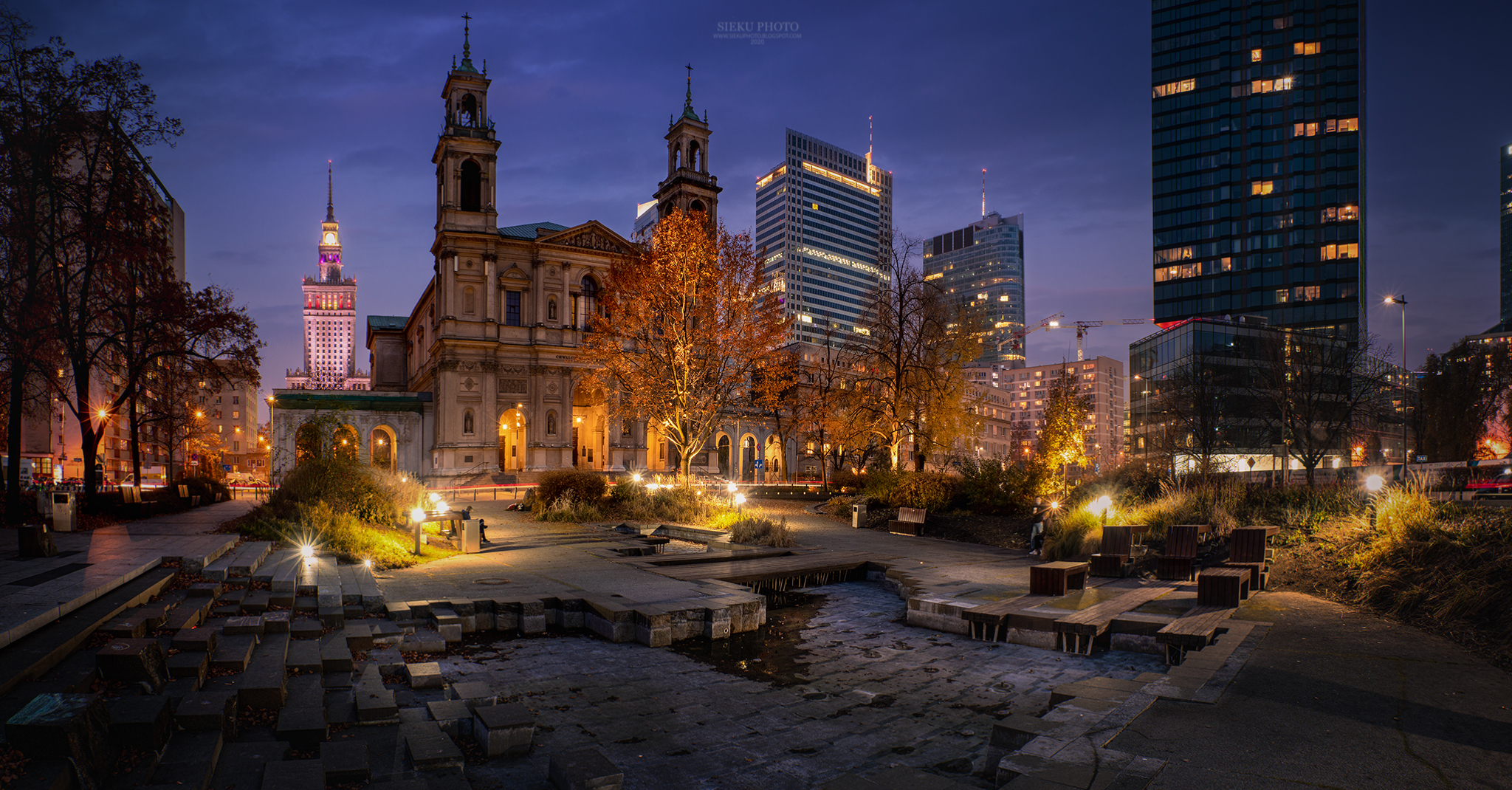 Night Lights Urban City Cityscape Building Architecture Trees Ukasz HDR Photography Outdoors Warsaw  2048x1070