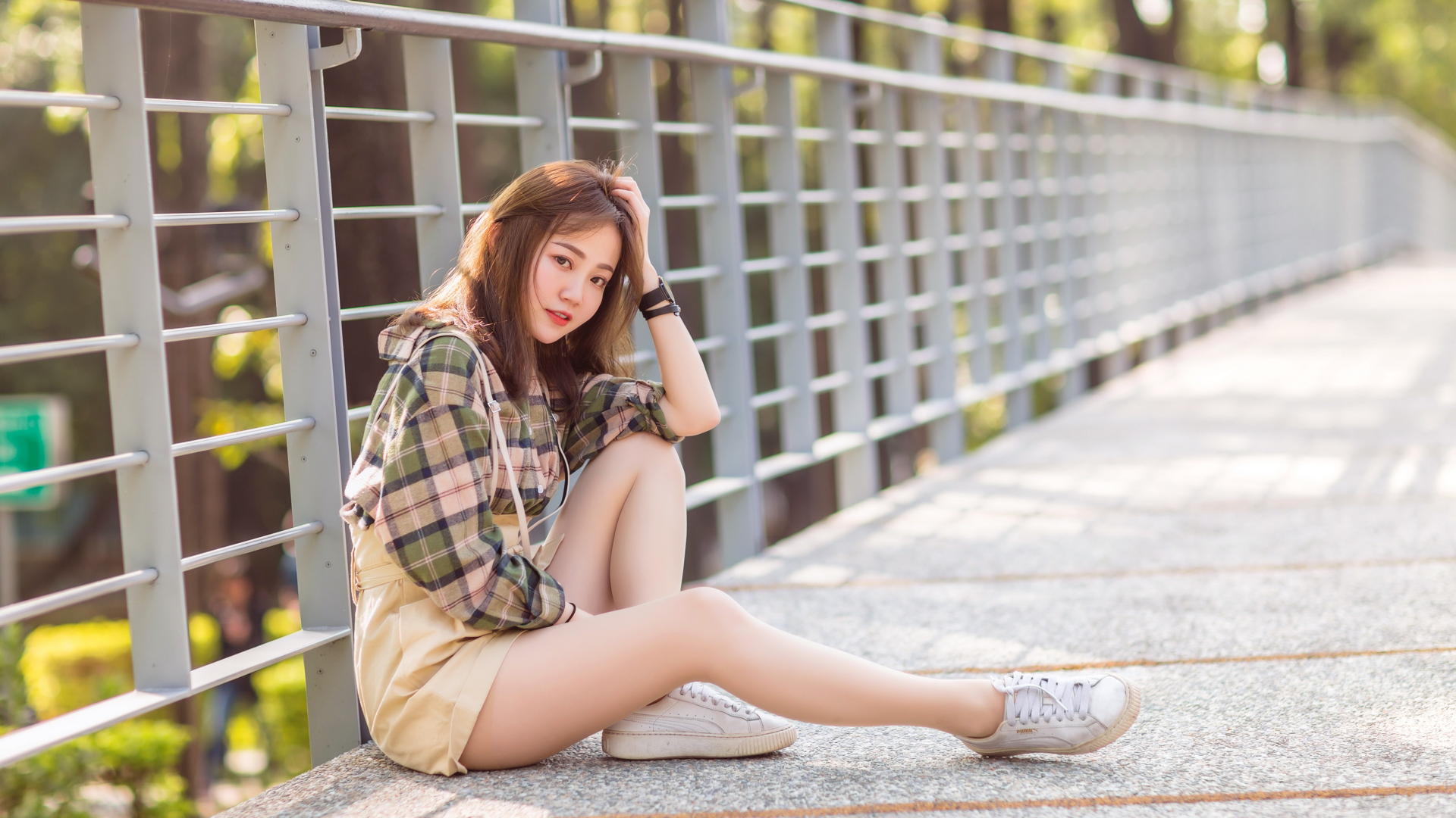 Asian Model Women Long Hair Dark Hair Depth Of Field Sitting Leaning Railing Shirt Wristwatch Bracel 1920x1080