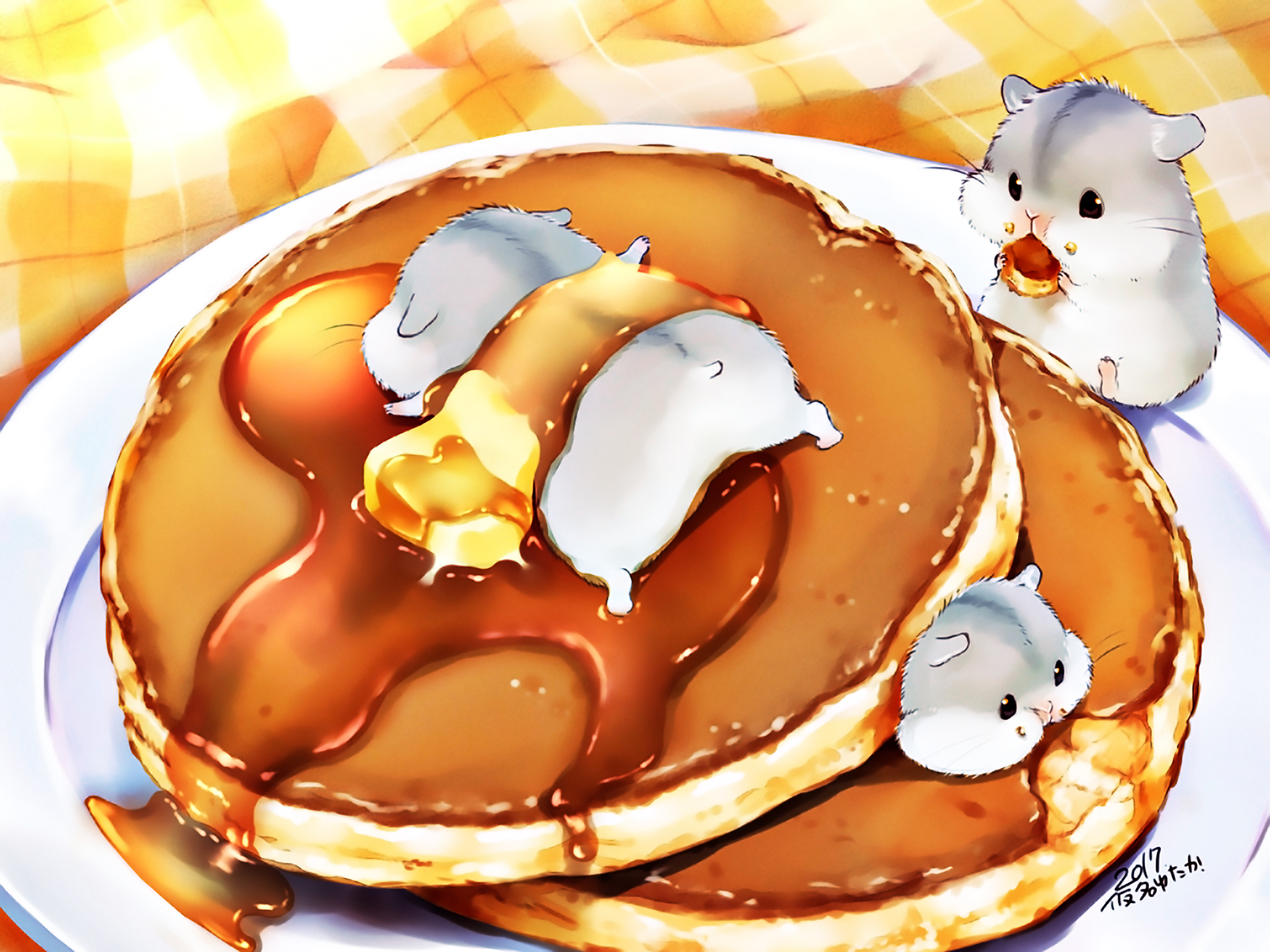 Pancakes Syrup Butter Eating Hamster 1920x1440