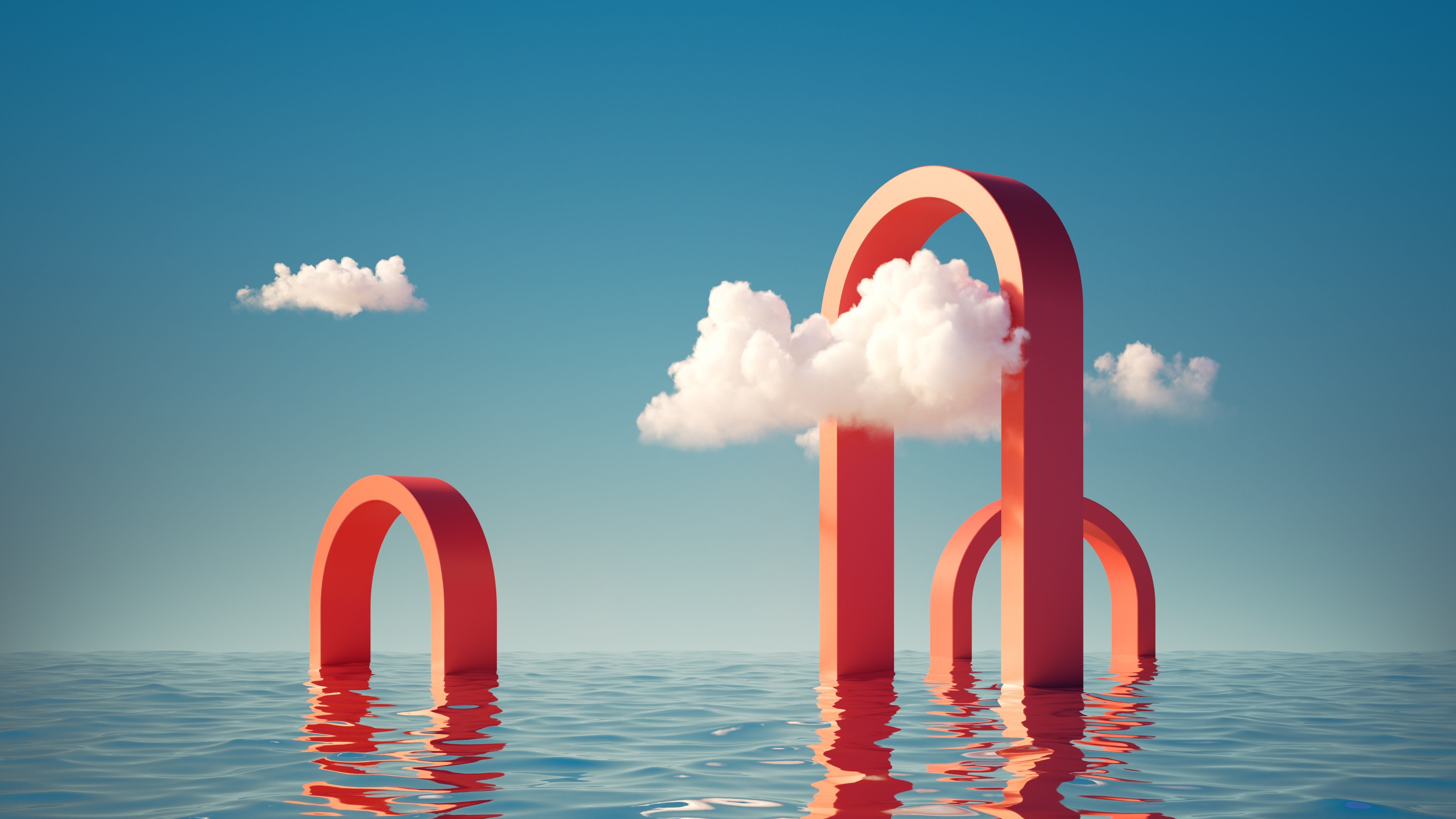 3D Render Artwork Sky Clouds Landscape Abstract Geometry Arch Sea Water Blue Red 5000x2813