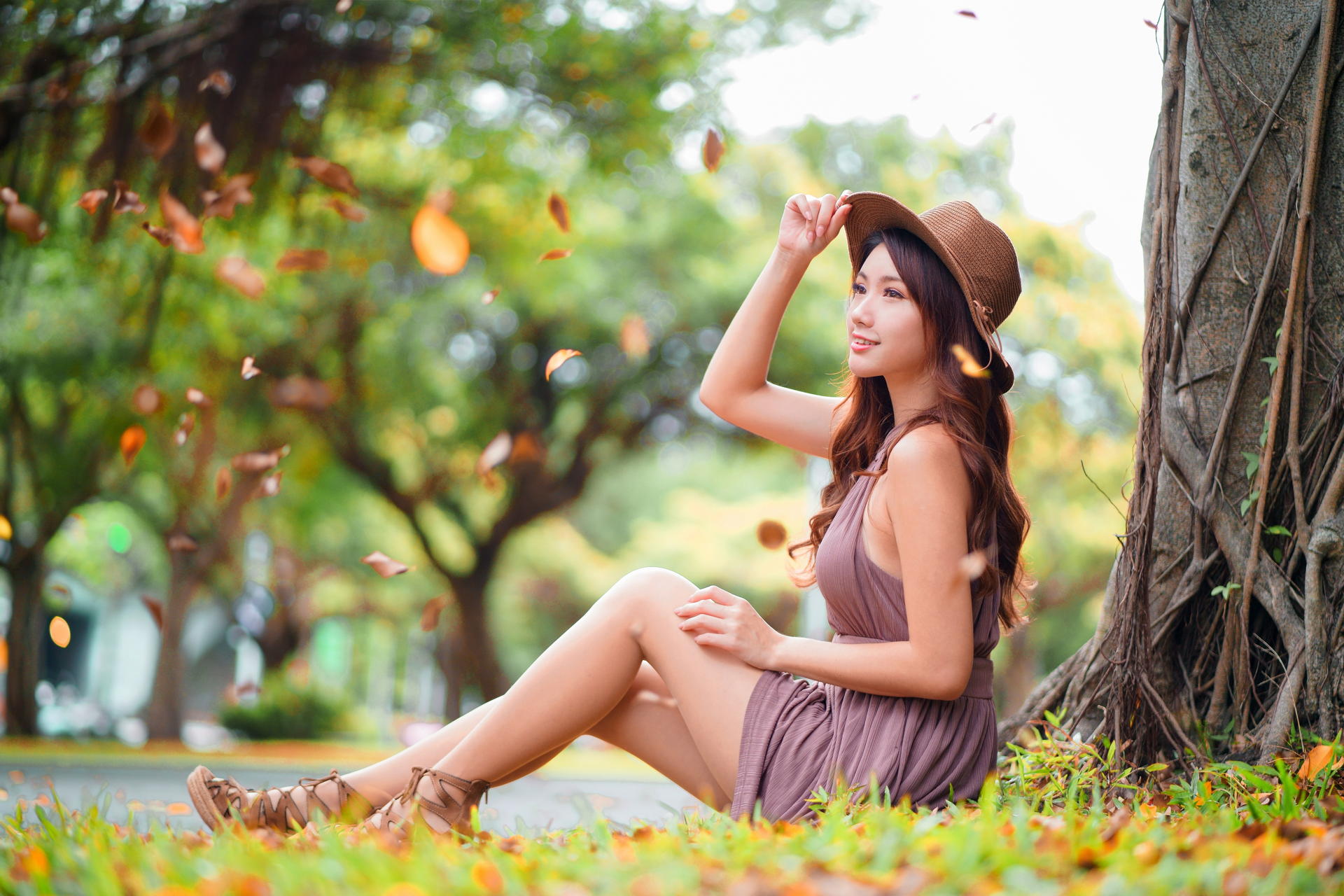 Asian Model Women Depth Of Field Long Hair Dark Hair Straw Hat Sitting Barefoot Sandal Grass Trees L 1920x1280