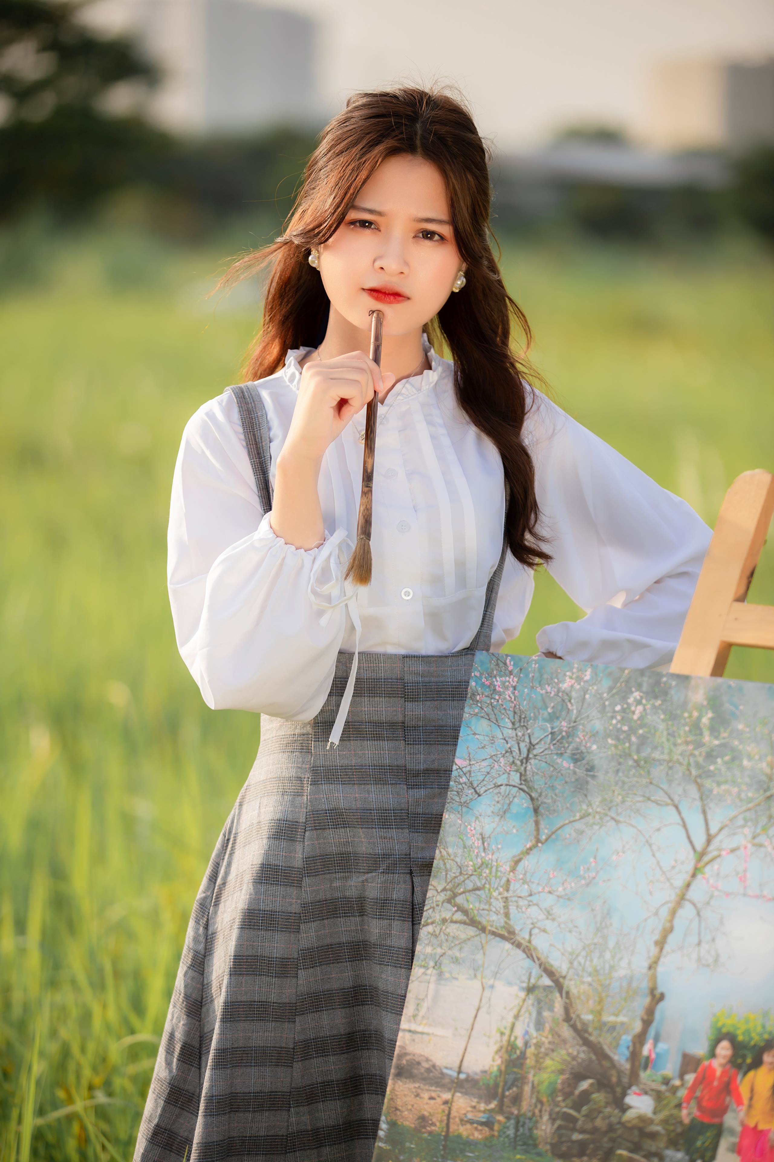Asian Model Women Long Hair Dark Hair Depth Of Field White Blouse Skirt Grass Field Painting Brush 2560x3840