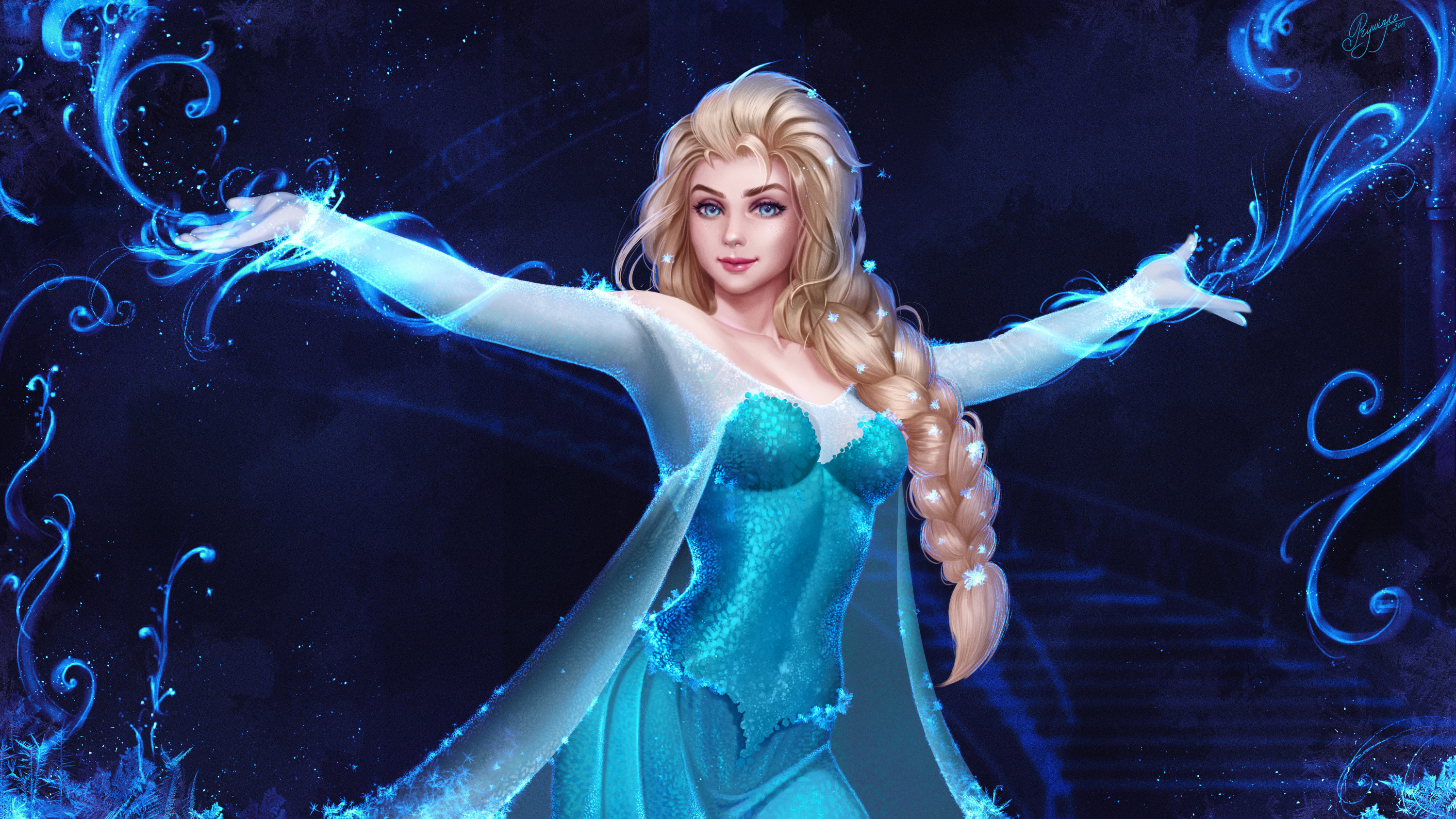 Elsa Frozen Movie Disney Princesses Blonde Braided Hair Blue Eyes Looking At Viewer Smiling Dress Ar 3000x1688