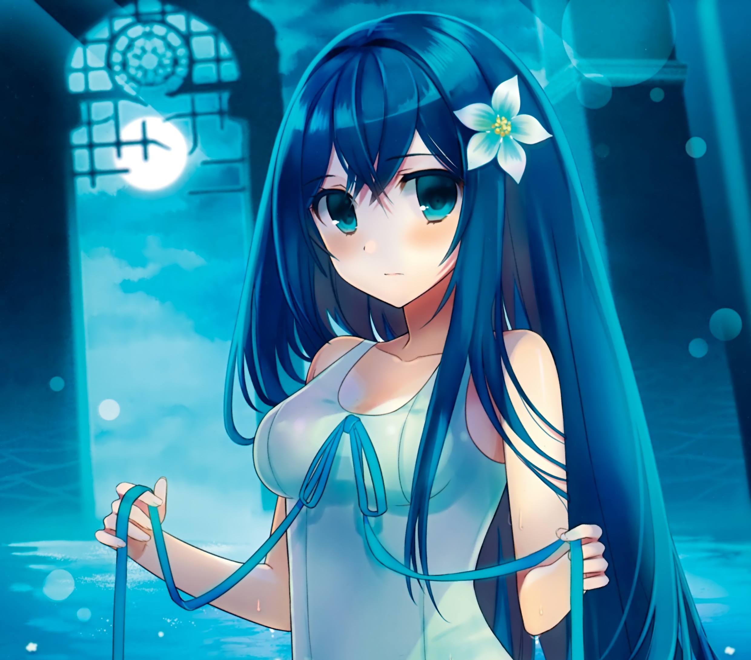 Artwork Anime 2D Illustration Blue Blue Swimwear Blue Hair Bangs Blue Eyes Ribbons Moonlight Moon Lo 2480x2180