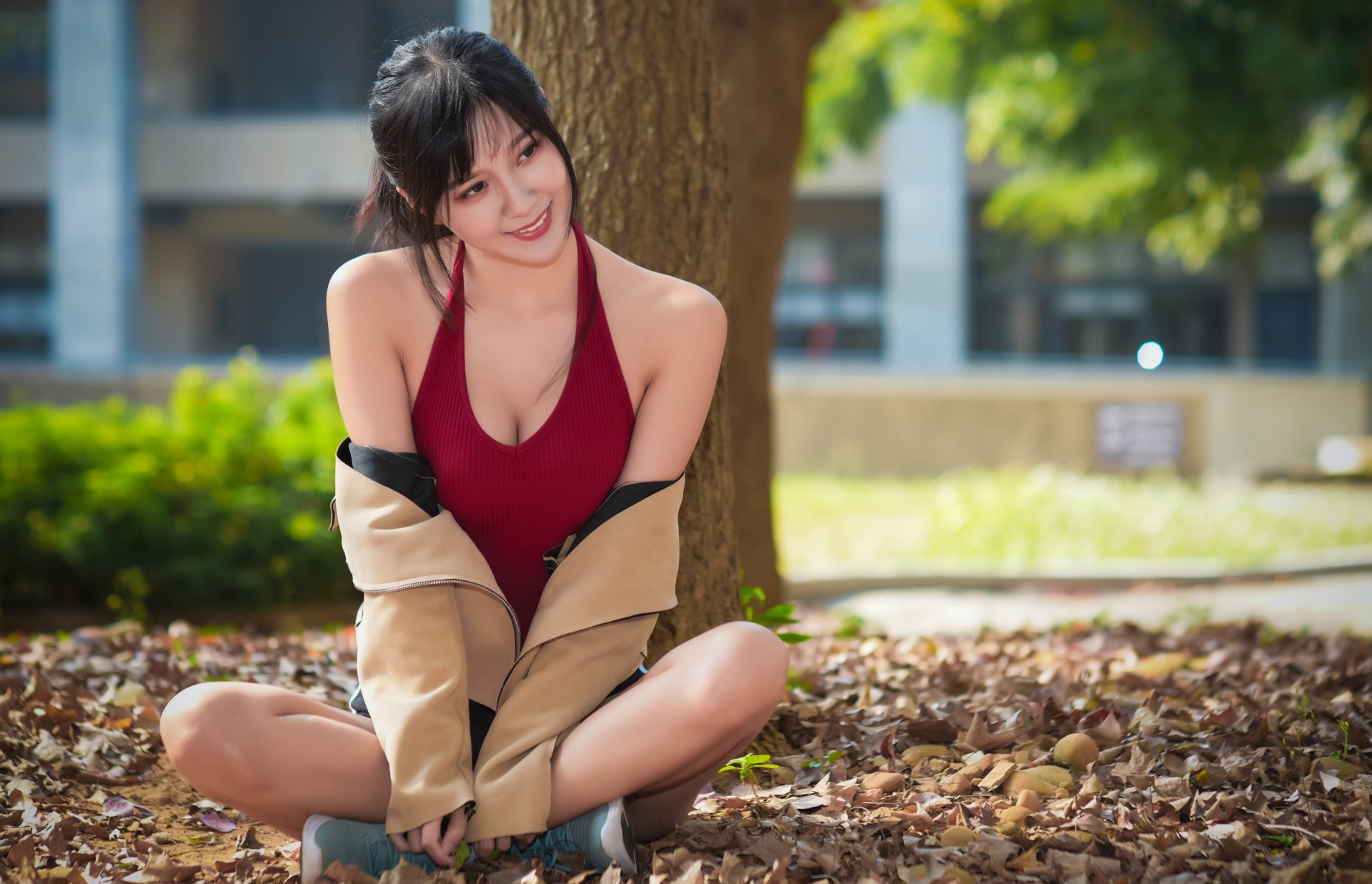 Asian Model Women Long Hair Depth Of Field Sitting Legs Crossed Bare Shoulders Red Shirt Leaves Tree 1920x1237