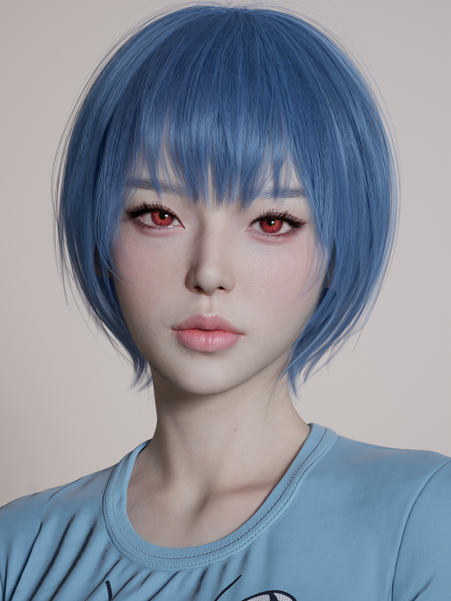 CGi Render Women Asian Red Eyes Blue Hair Face Portrait Simple Background White Background Eunji Lee 1800x2400