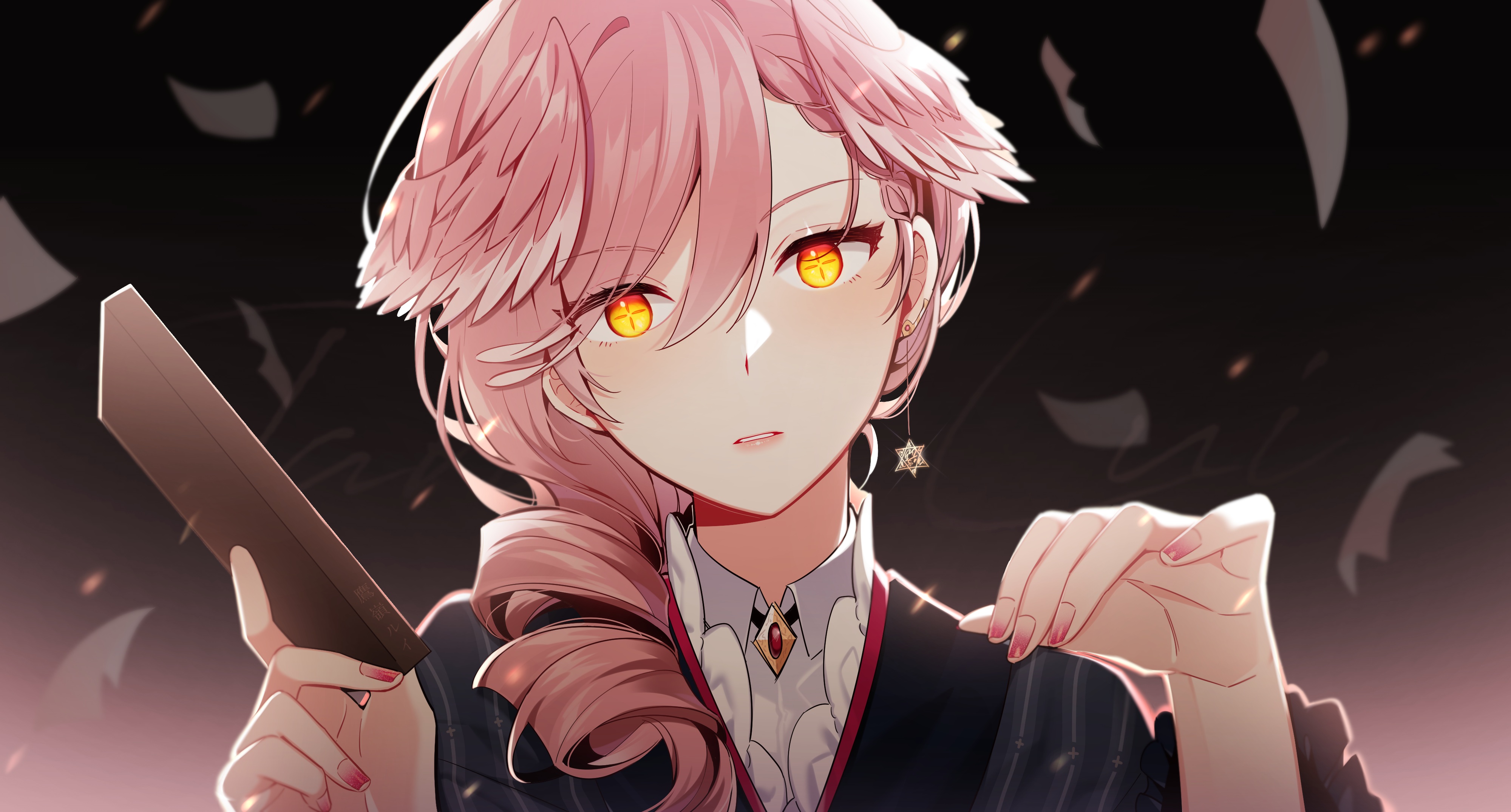 Anime Anime Girls Glowing Eyes Pink Hair Yellow Eyes Red Nails Painted Nails Face Looking At Viewer 4000x2150