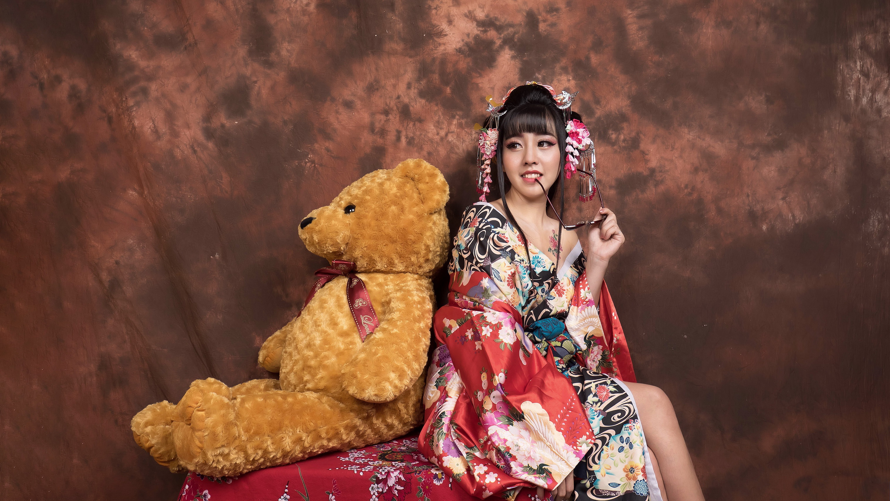 Asian Brunette Girl Kimono Model Smile Stuffed Animal Teddy Bear Woman 3035x1707