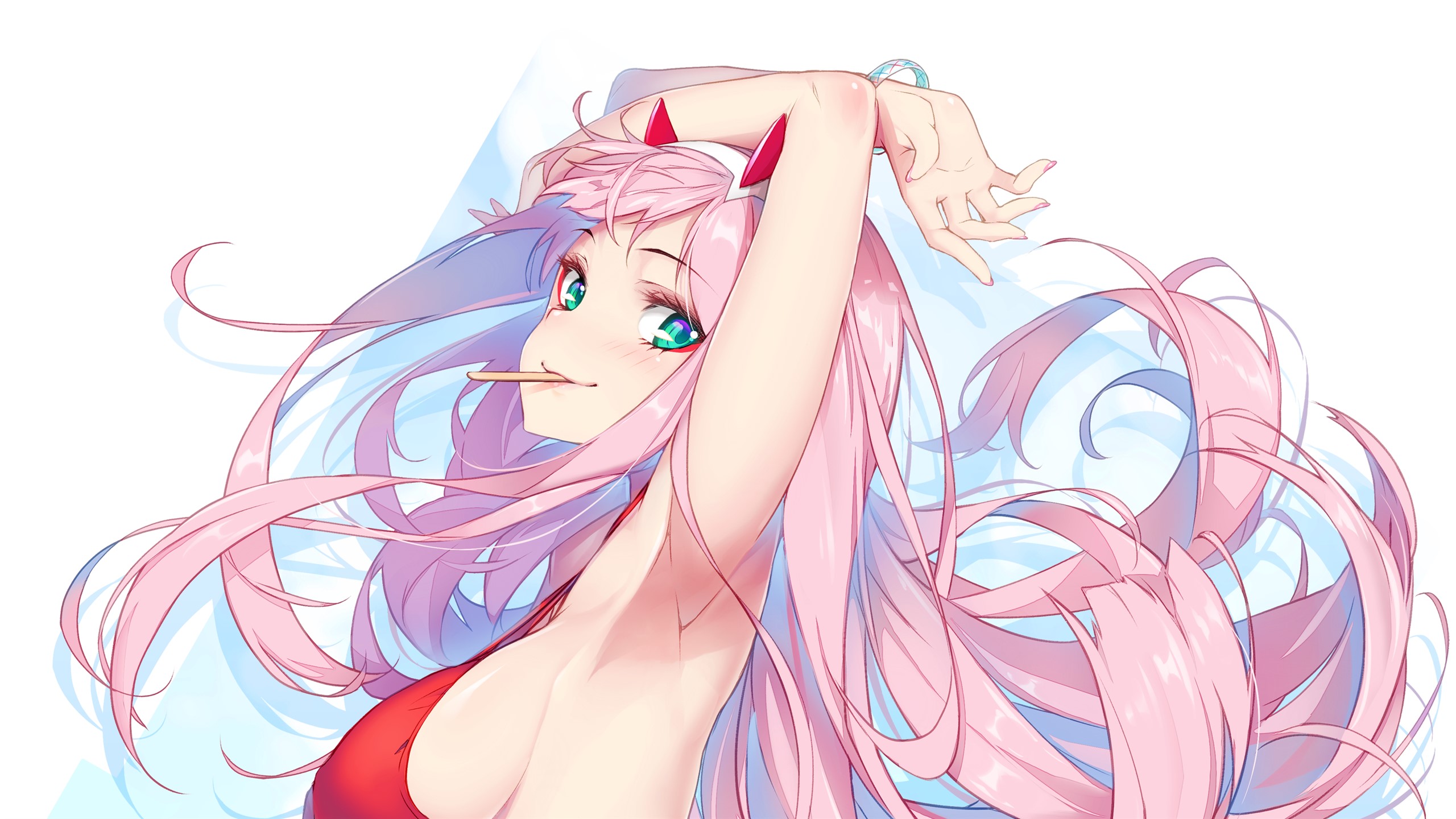 Zero Two Darling In The FranXX Green Eyes Looking At Viewer Arms Up Long Hair Pink Hair Horns Smile  2560x1440