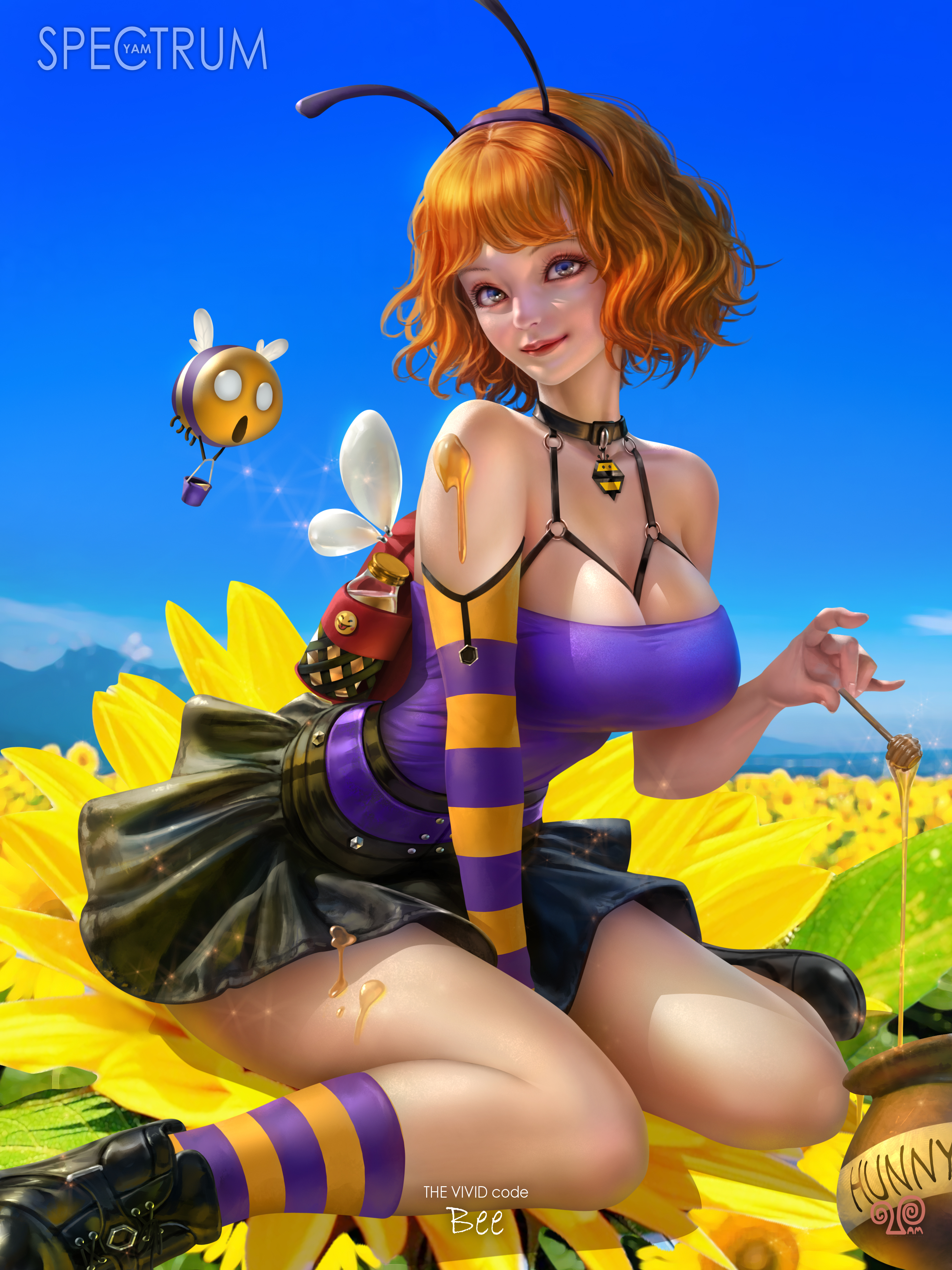 Women Redhead Backpacks Bare Shoulders Flowers Bees 2D Artwork Original Characters Drawing Mansik Ya 3000x4000