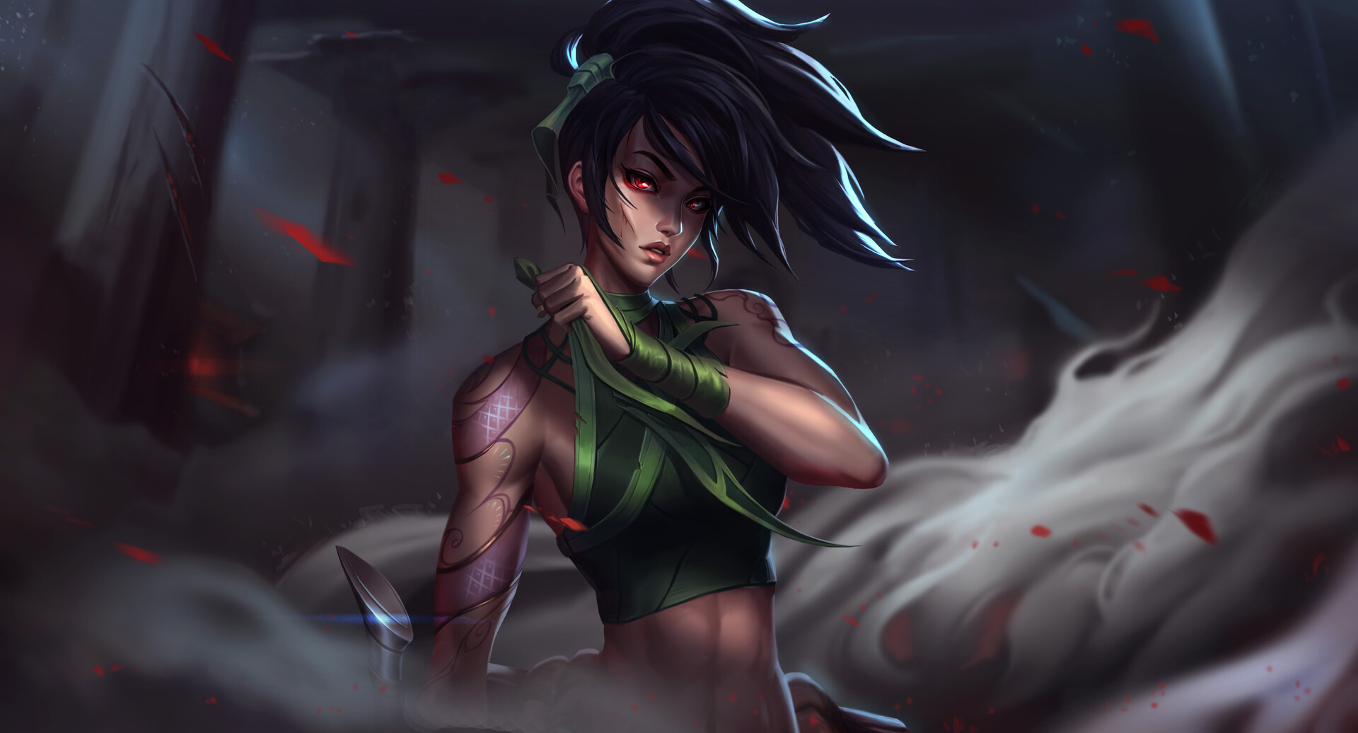 Unstable Anomaly Drawing League Of Legends Akali League Of Legends Dark Hair Green Clothing Body Pai 1920x1036