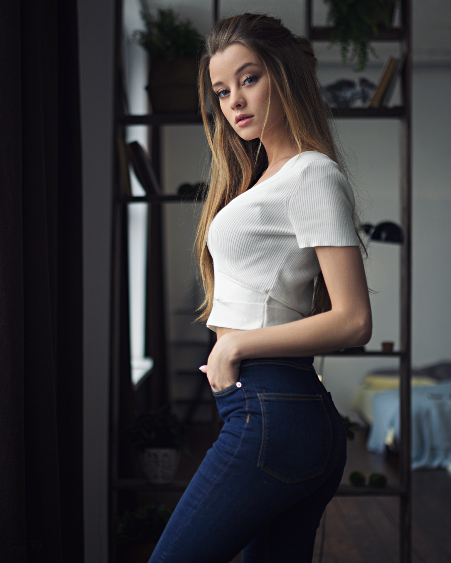 Sergey Zhirnov Women Blonde Long Hair Straight Hair T Shirt White Clothing Pants Jeans Denim Shelves 1536x1920