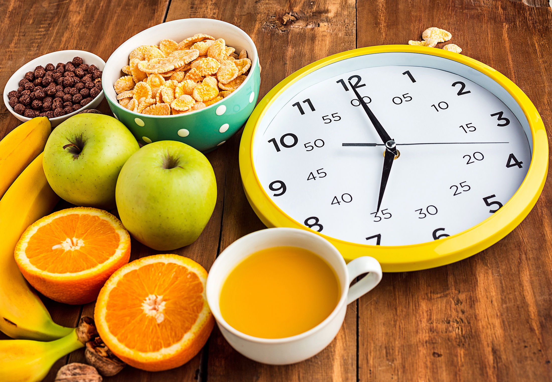 Apple Clock Juice Banana Fruit Cereal Still Life Orange Fruit 2200x1524