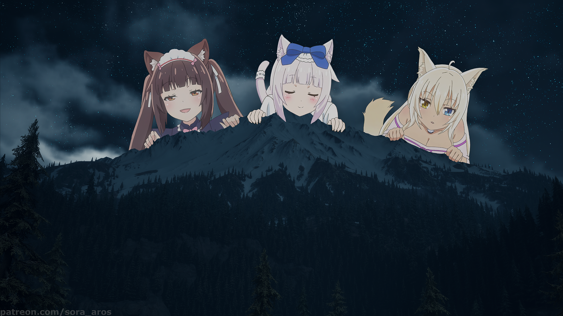 Picture In Picture Neko Para Hills Cat Girl Landscape Night Anime Girls Coconut Neko Para Chocolat N 1920x1080