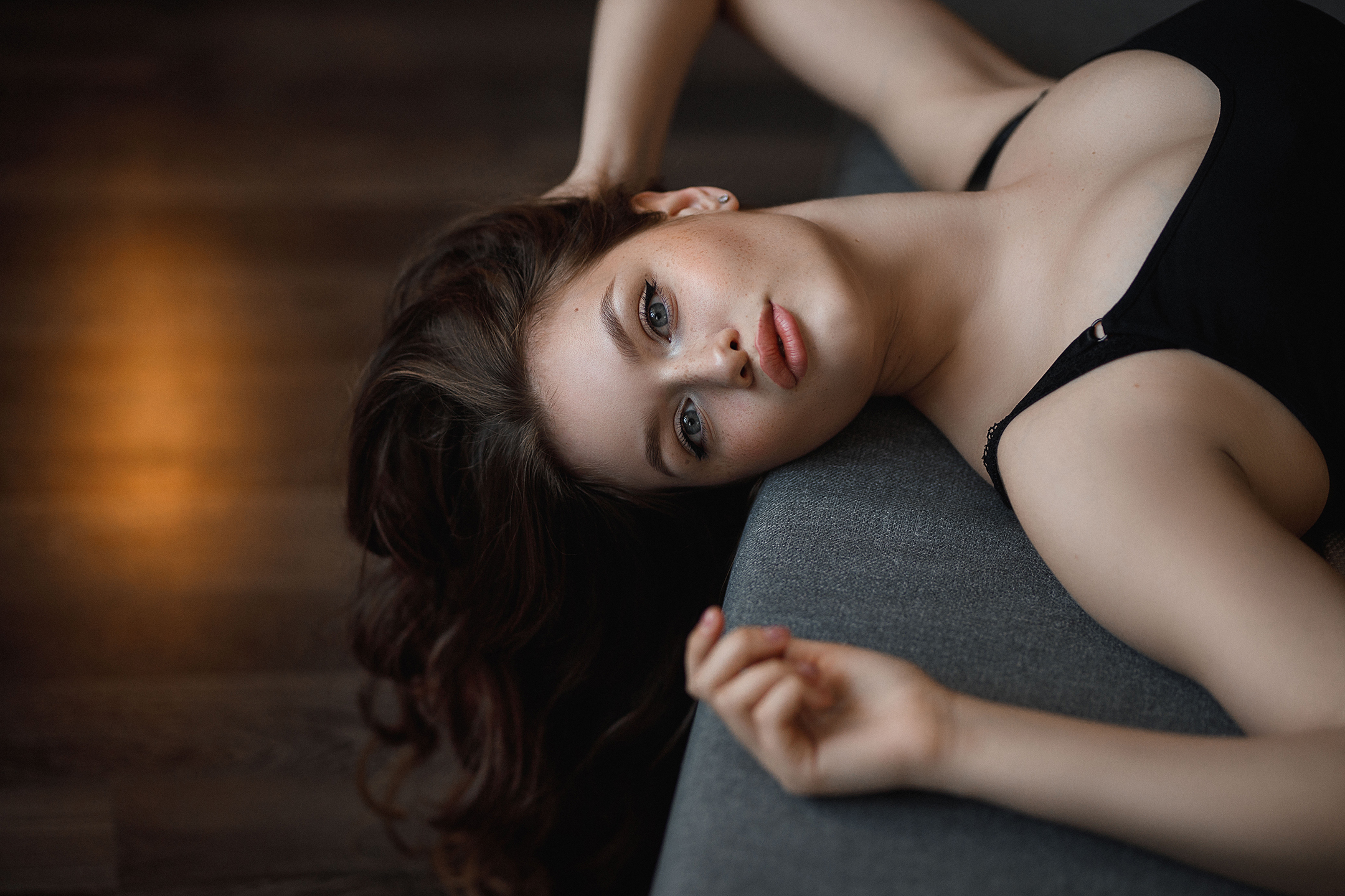 Vladimir Vasilev Women Brunette Makeup Looking At Viewer Black Clothing Lying On Back Indoors 2160x1440