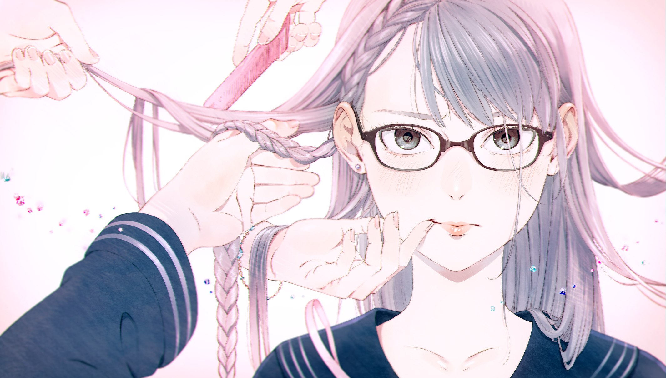 Anime Anime Girls Digital Art Artwork Silver Hair Long Hair Braided Hair Bangs Gray Eyes School Unif 2130x1210