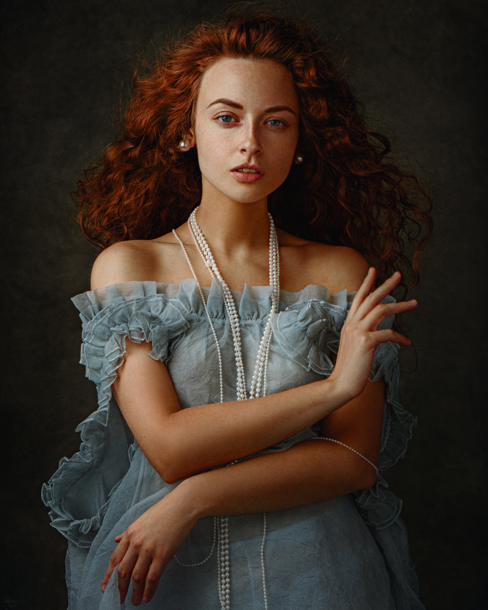 Women Nastya Polukhina Redhead Long Hair Curly Hair Freckles Looking At Viewer Blue Eyes Jewelry Ear 1619x2024