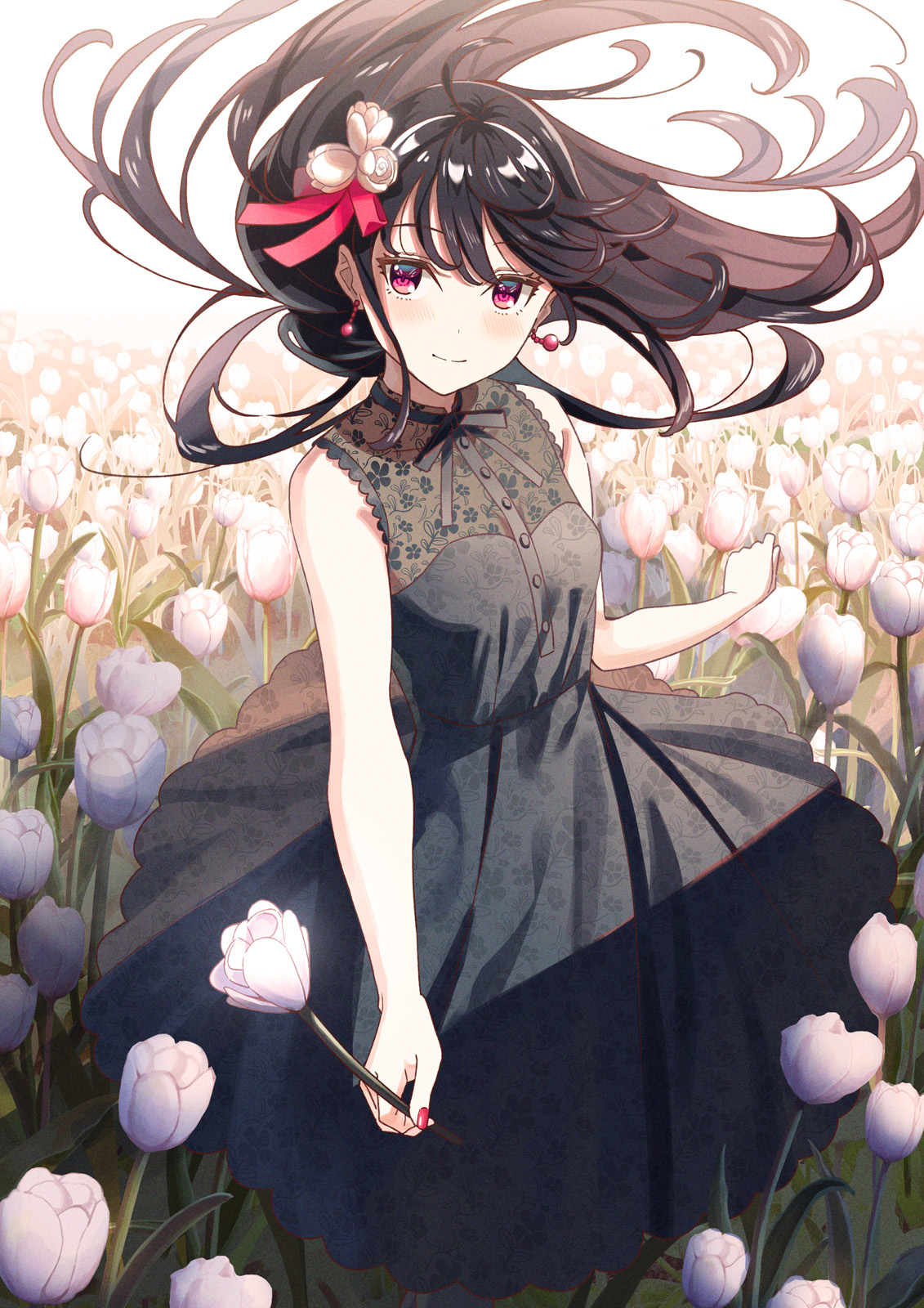 Komizuki Black Dress Nail Polish Ribbon Long Hair Looking At Viewer Anime Artwork Flowers Dress Dark 1131x1600