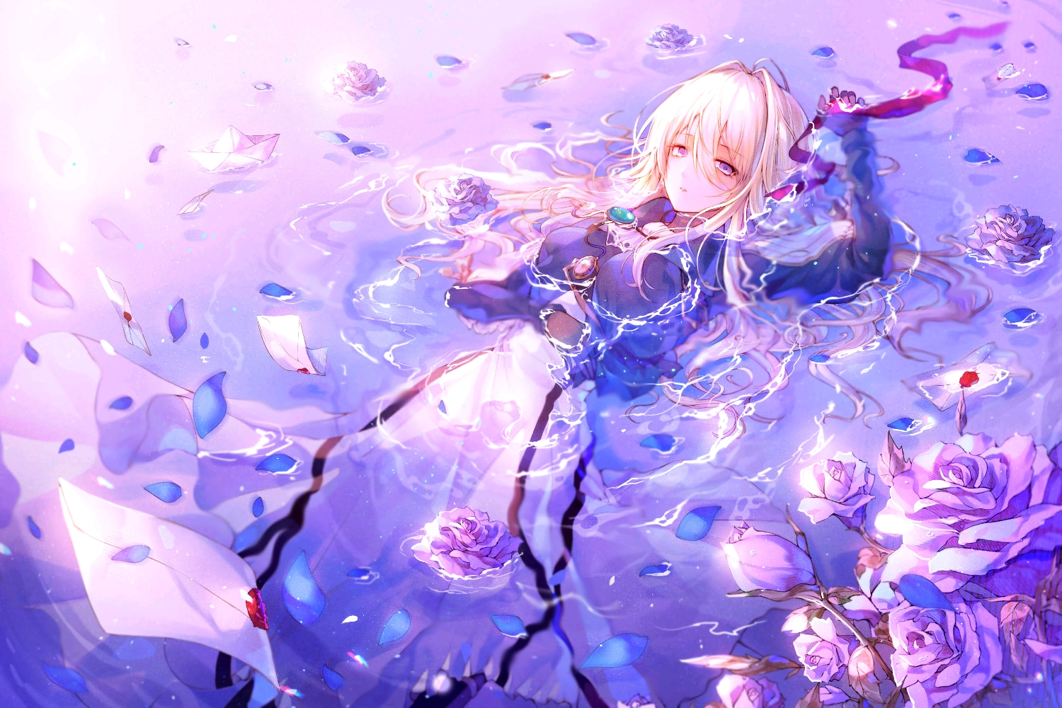 Anime Girls Anime Rose Violet Evergarden In Water Blonde Dress 1500x1000