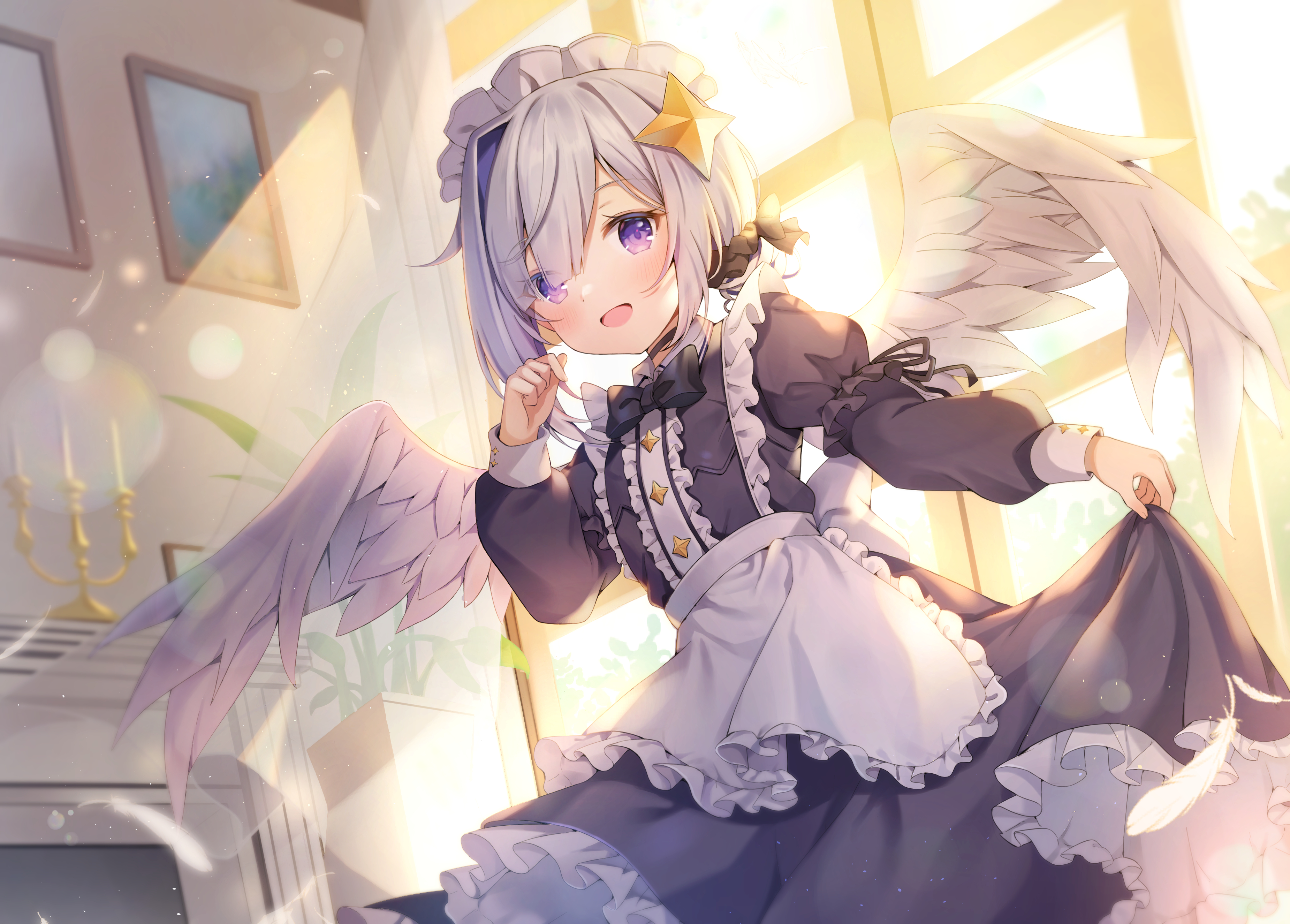 Anime Anime Girls Hololive Virtual Youtuber Amane Kanata Wings Silver Hair Purple Eyes Maid Outfit 3700x2650