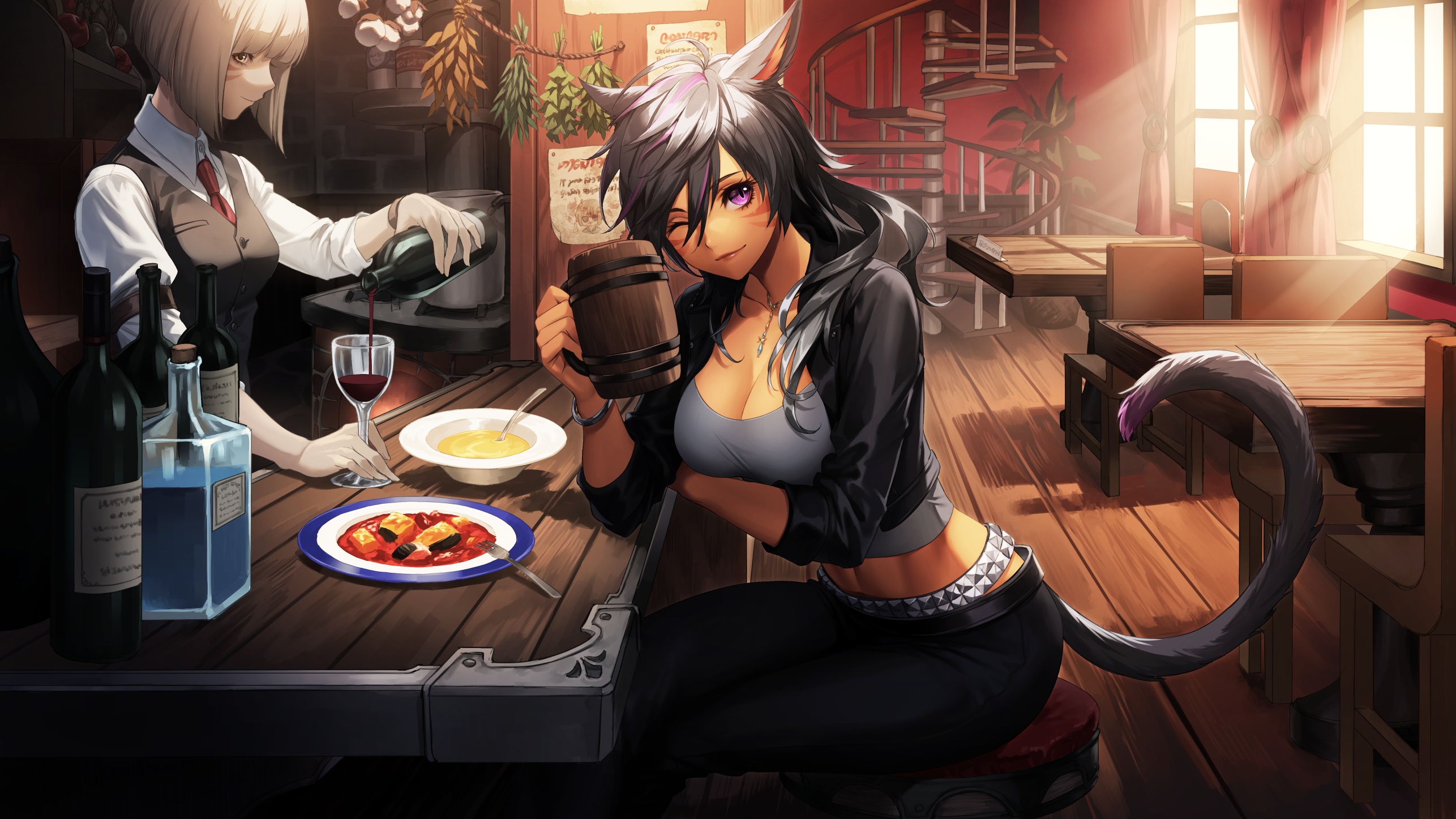 Anime Anime Girls Miqote Bar Counter Wine Glass Tail Purple Eyes Black Hair Food Final Fantasy XiV A 2572x1447