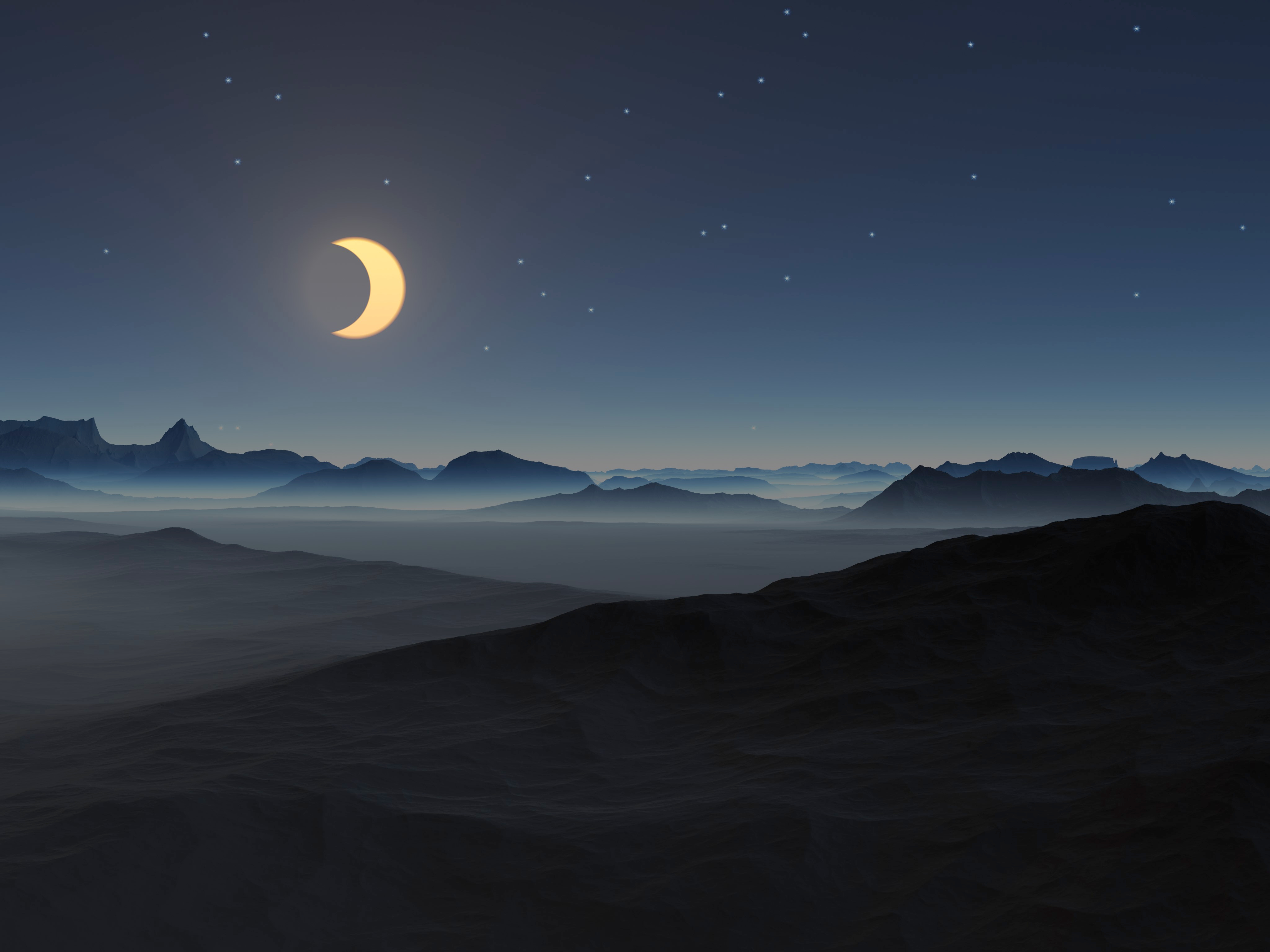 Moon 3D Render Mountains Mist Stars Sky Night Dark 4096x3072