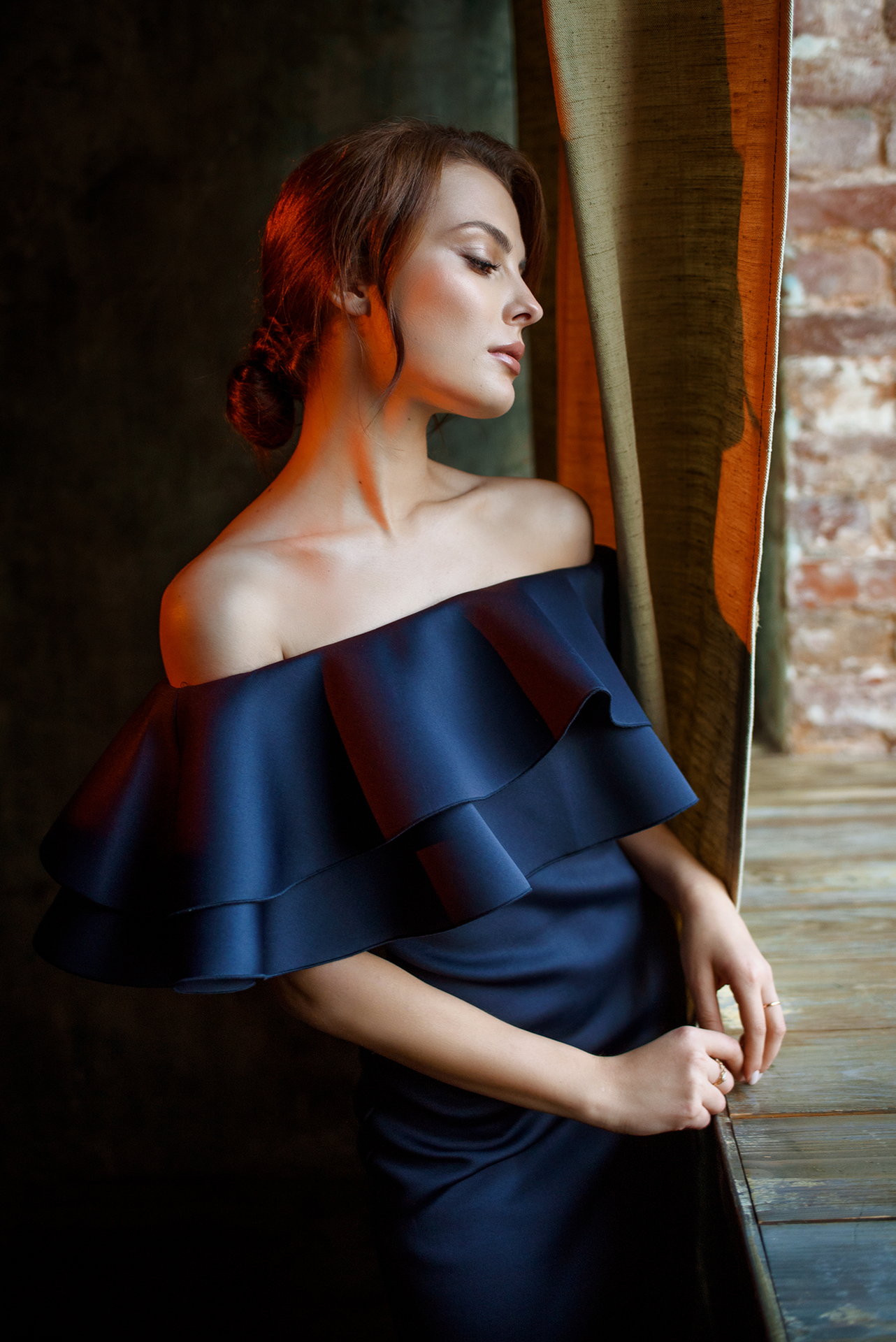 Alexander Makushin Women Brunette Red Light Bare Shoulders Dress Blue Clothing Window Ledge 1282x1920