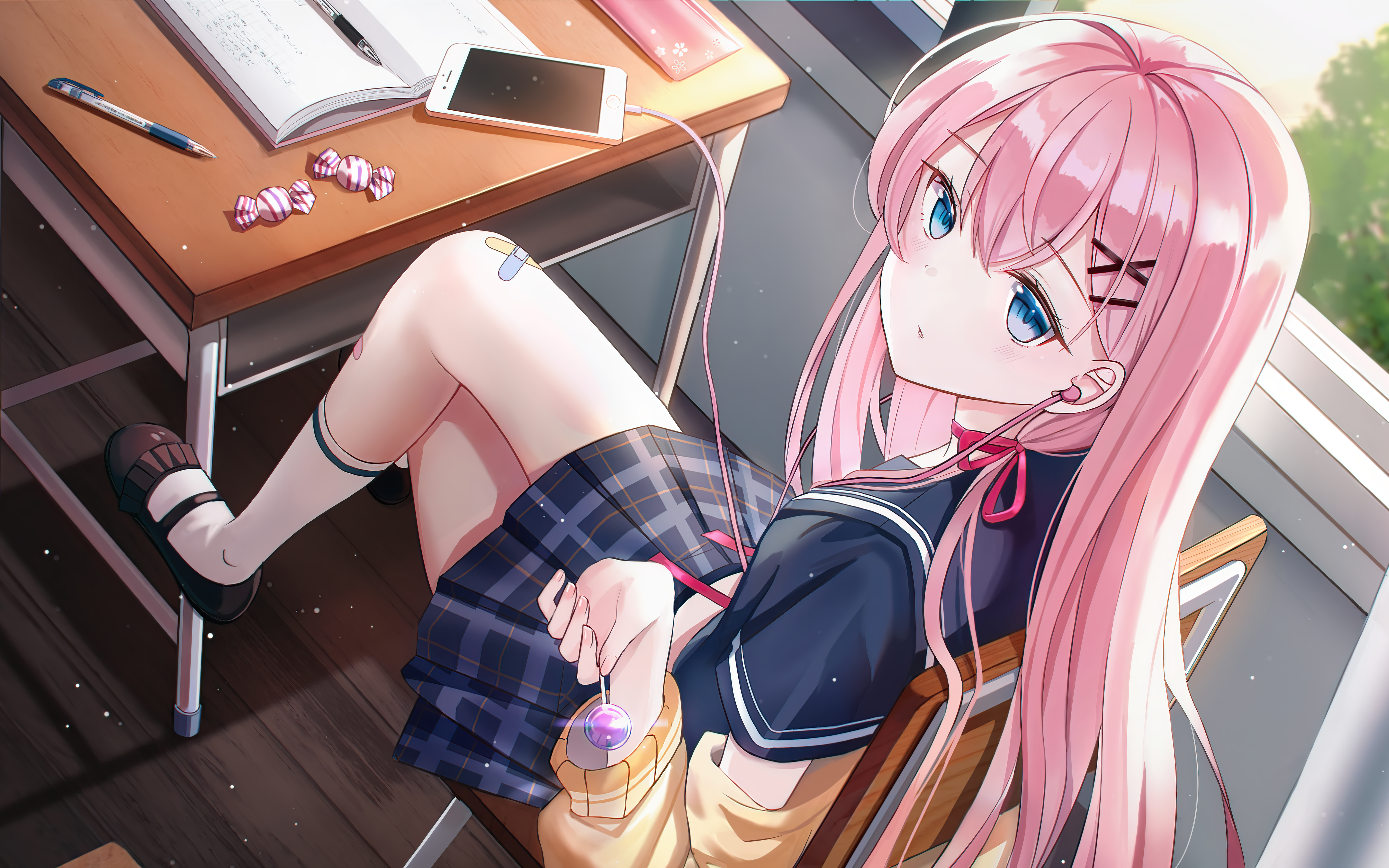 Anime Anime Girls Legs School Uniform Sitting Classroom Pink Hair Blue Eyes Long Hair Lolipop Epic S 5120x3200