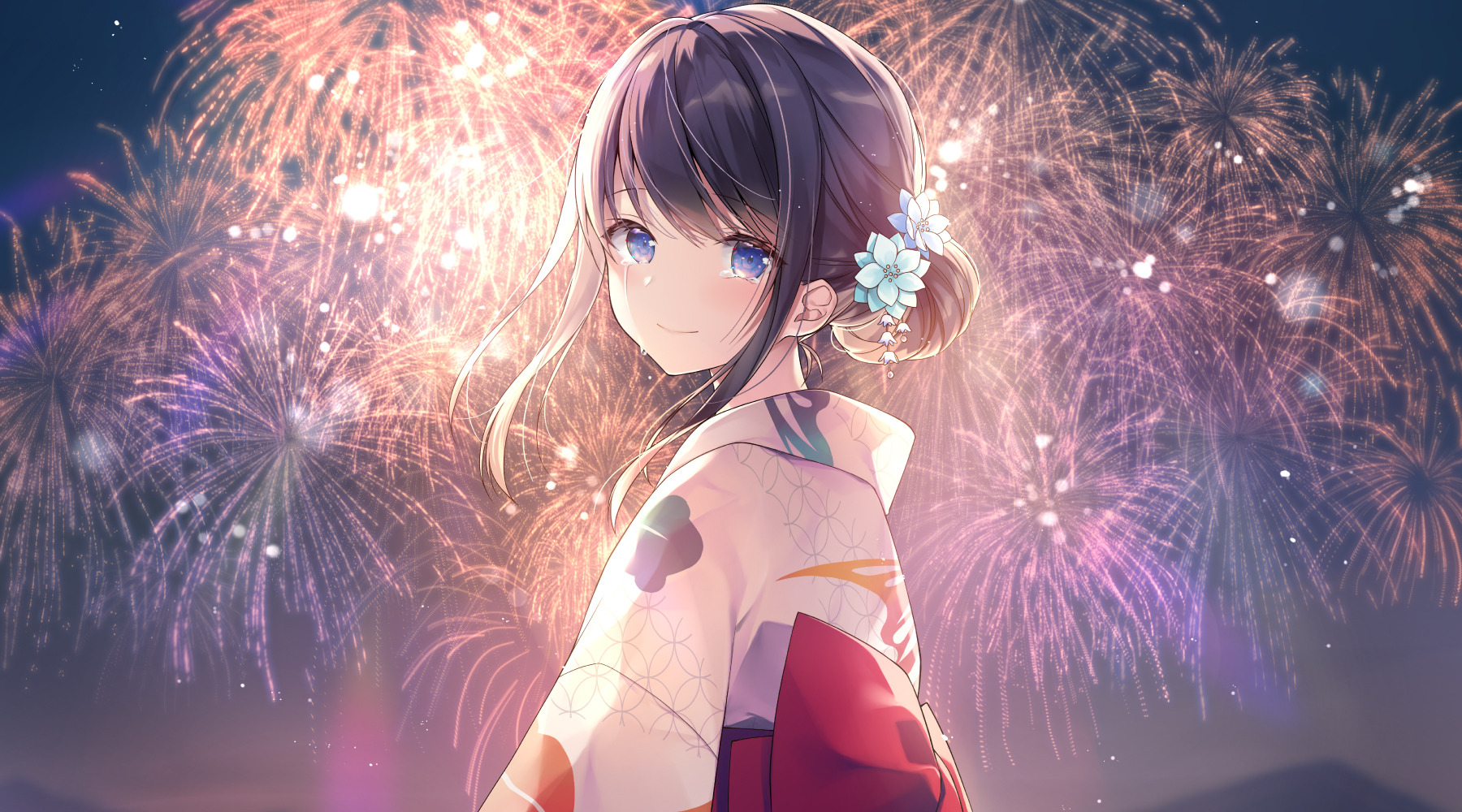 Anime Anime Girls Kagachi Saku Traditional Clothing Fireworks Tied Hair Crying Yukata Japanese Cloth 1800x1000
