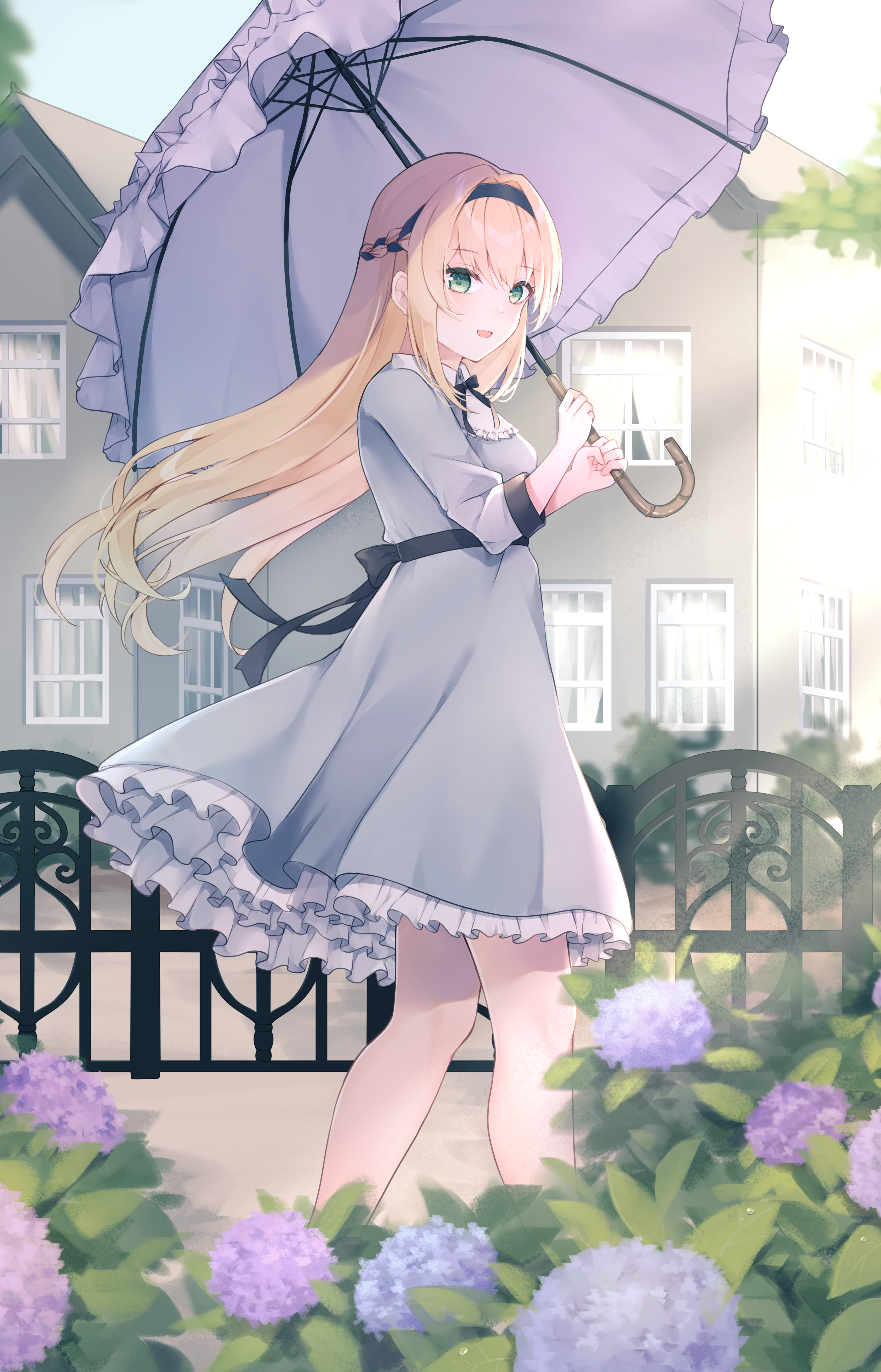 Yrt Ry Umbrella Anime Anime Girls Long Hair Ribbon Flowers Blonde Dress Green Eyes 3360x5232