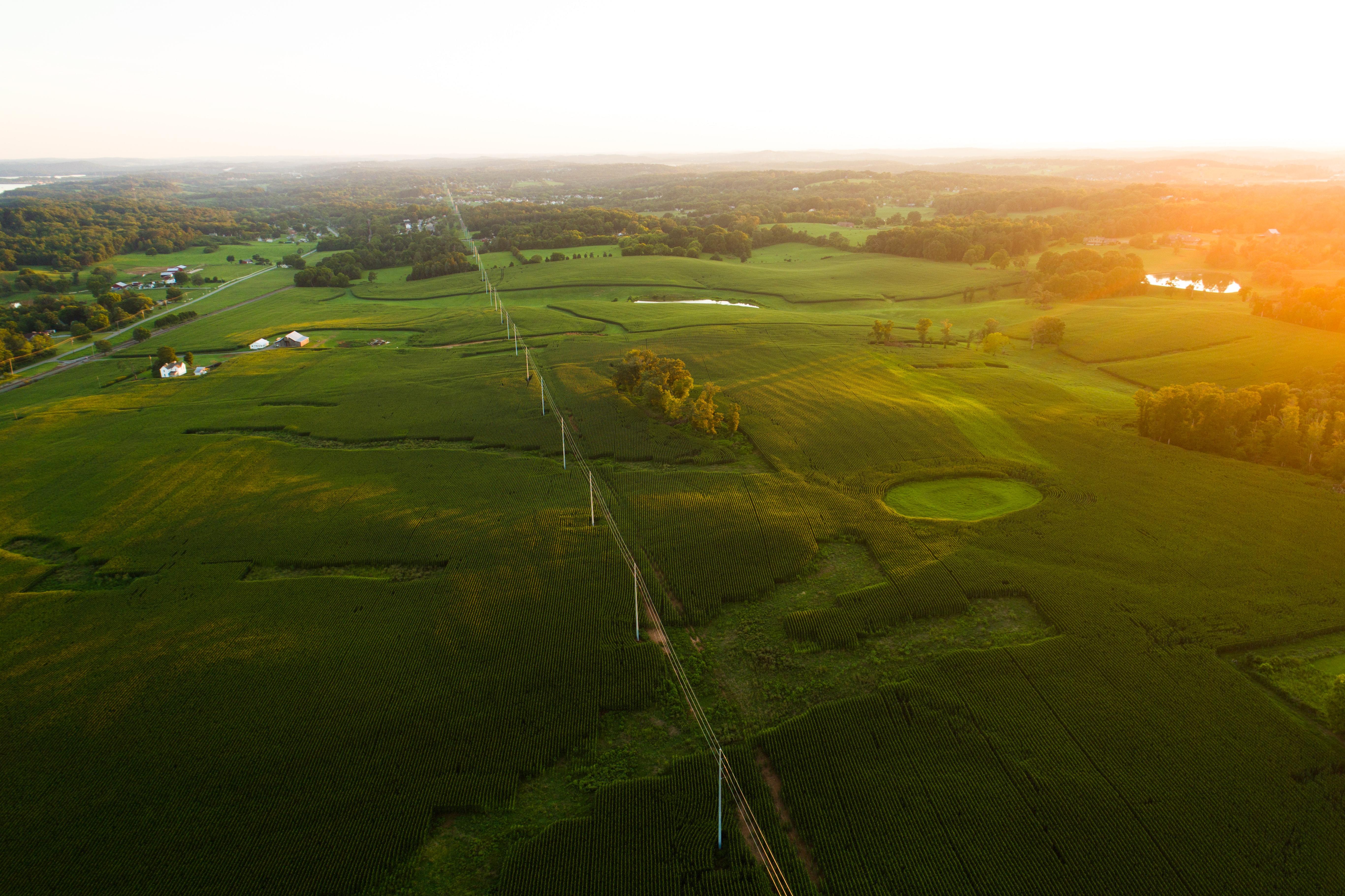 Aerial View Power Lines Tennessee Sunrise Trees Landscape 5464x3640