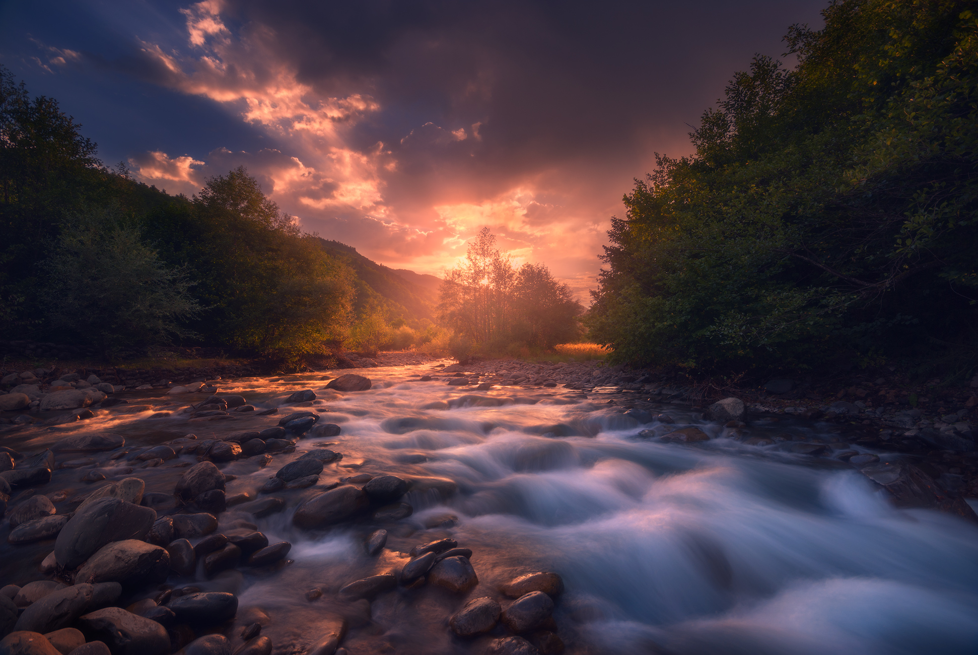 Stream Water Sunset Clouds Trees Nature Outdoors Rocks Photography Sozel 1942x1300