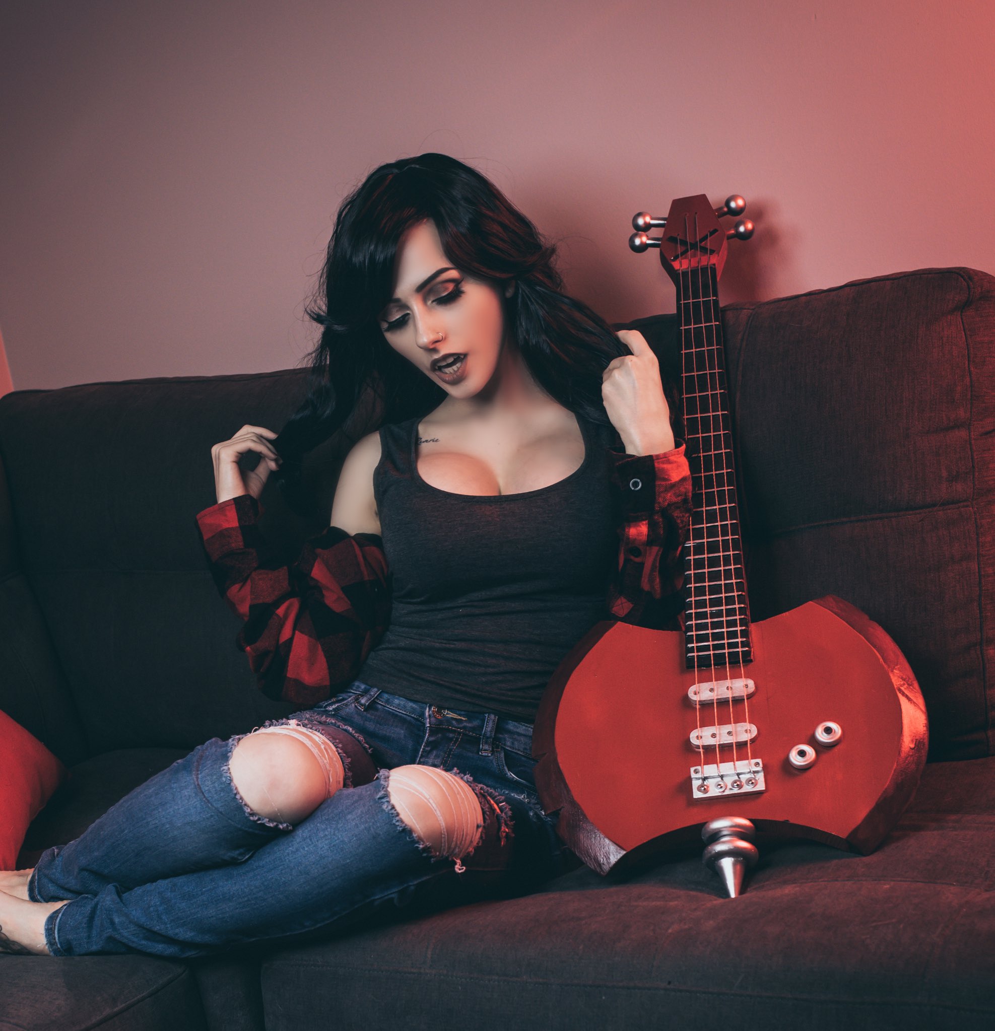 Women Model Brunette Cosplay Women Indoors Indoors Couch Electric Guitar Jeans T Shirt Plaid Shirt T 1975x2047
