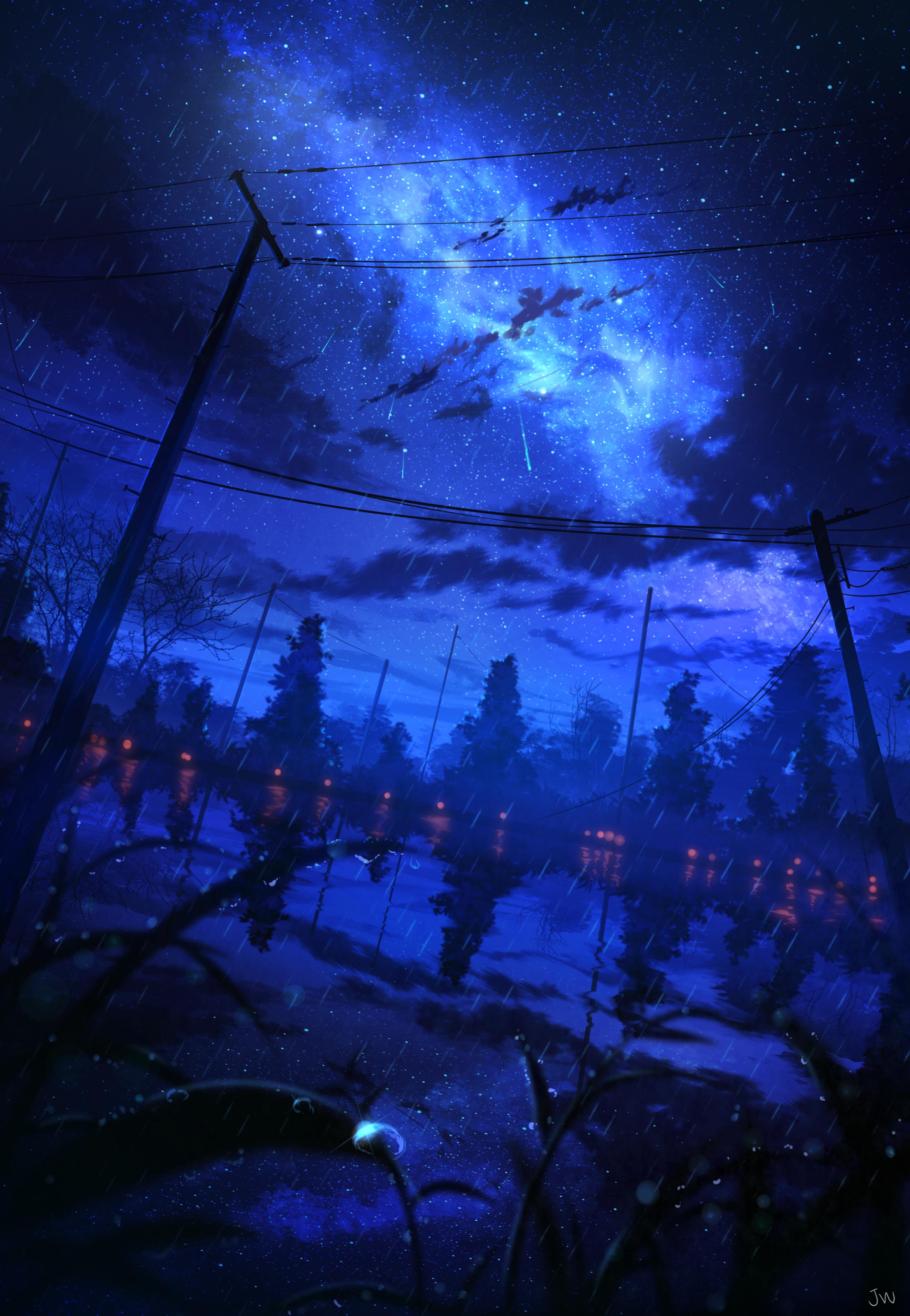 Anime HuashiJW Rain Starred Sky Starry Night 2549x3687
