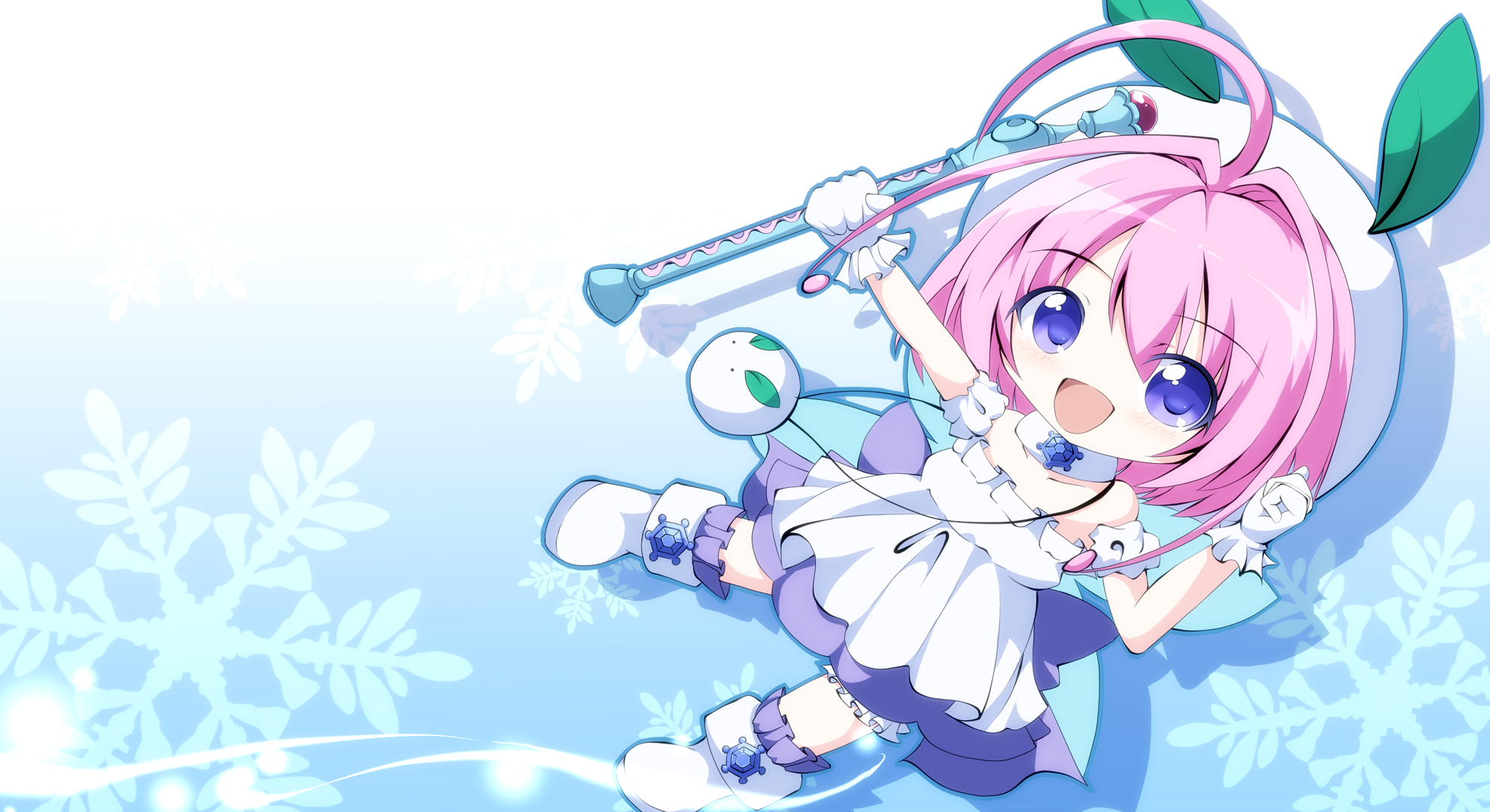 Blue Clothing Gloves Boots Happy Pink Hair Short Hair Purple Eyes Chibi Looking At Viewer Snow Flake 1980x1080
