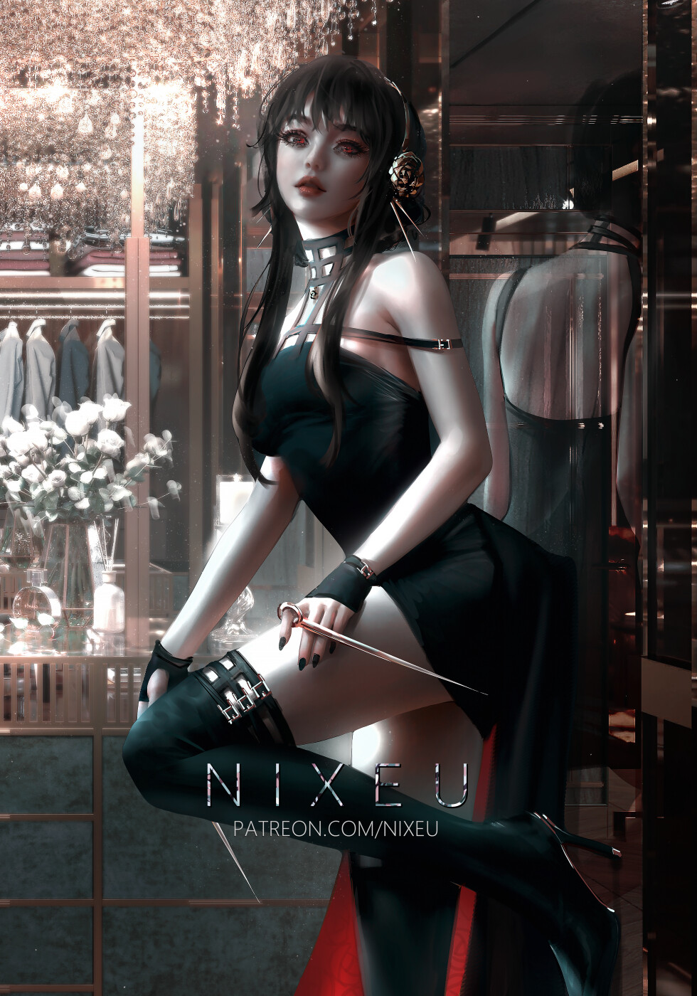 Nixeu Drawing Women Dark Hair Bangs Long Hair Red Eyes Dress Black Clothing Reflection Wardrobe Spy  980x1400