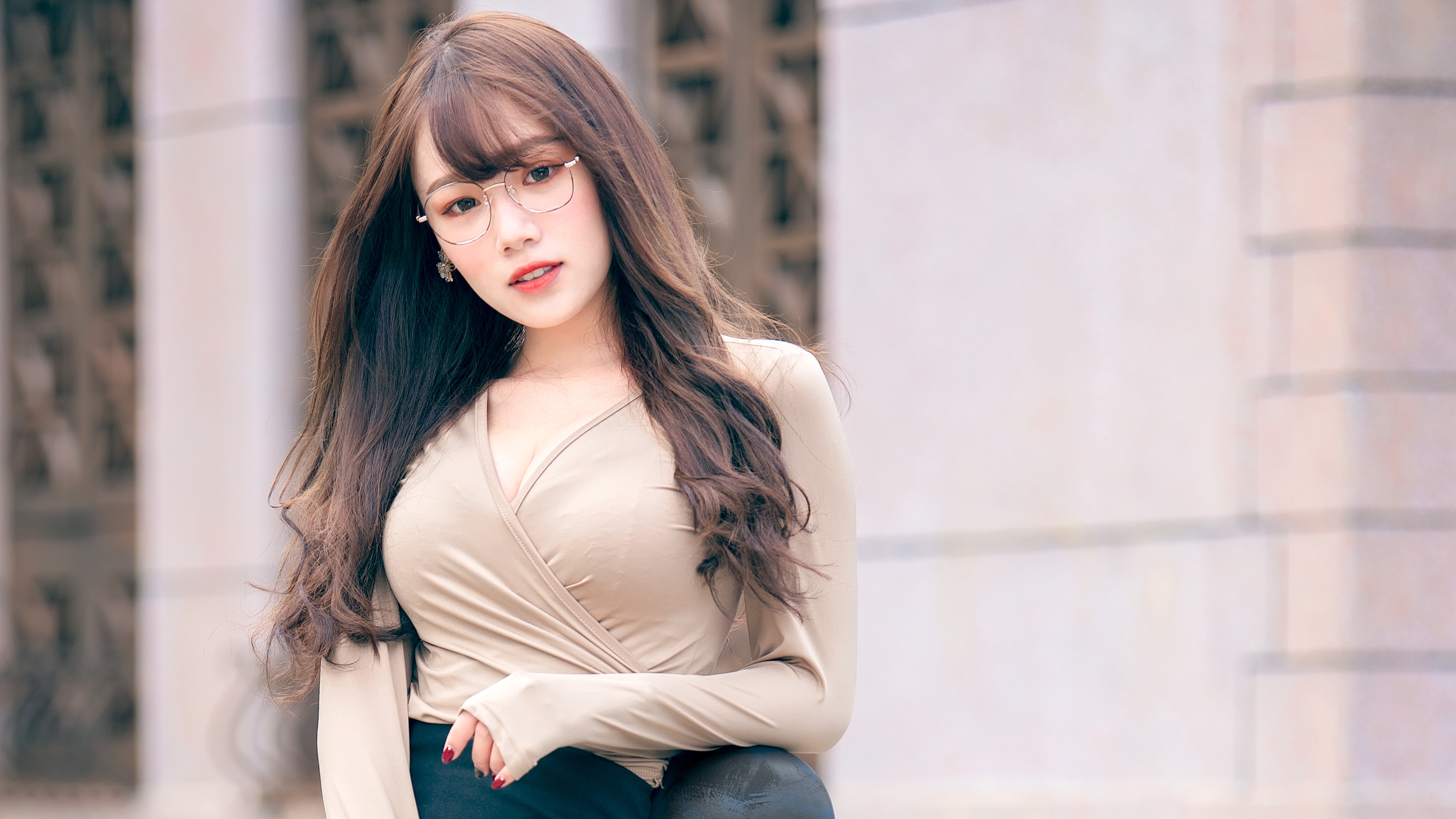Linnnng Women Model Asian Brunette Bangs Women With Glasses Looking At Viewer Parted Lips Crop Top D 3344x1881