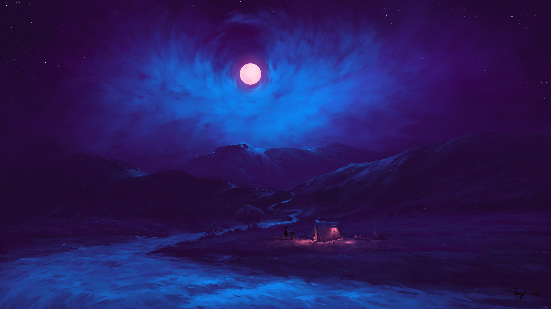 Digital Painting Landscape Night Clouds Moon River Mountains Couple Camp Romantic BisBiswas 1920x1080