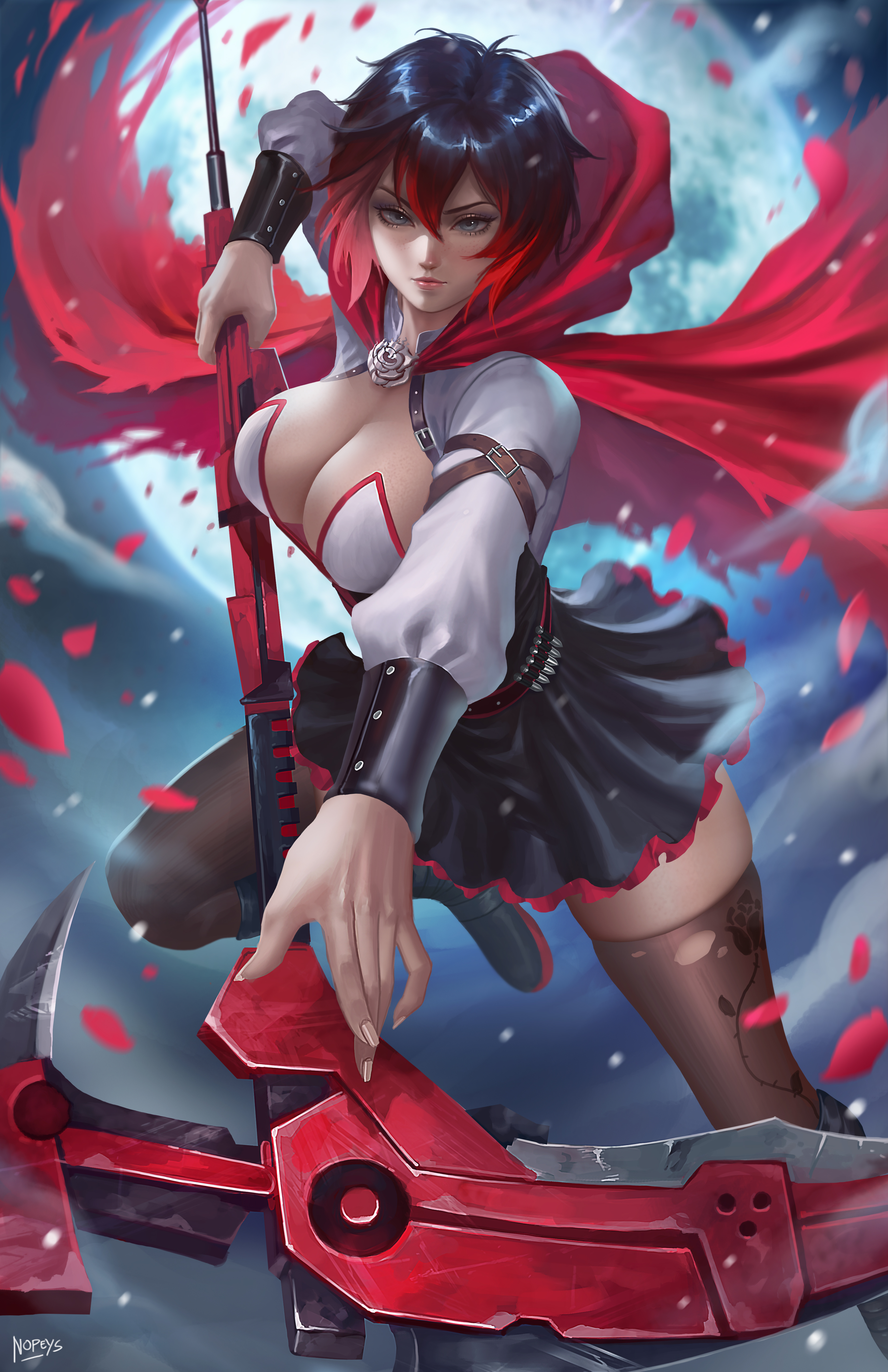 Ruby Rose RWBY RWBY Anime Anime Girls Fantasy Girl Weapon Moonlight Cape Dress Looking At Viewer Fre 3300x5100