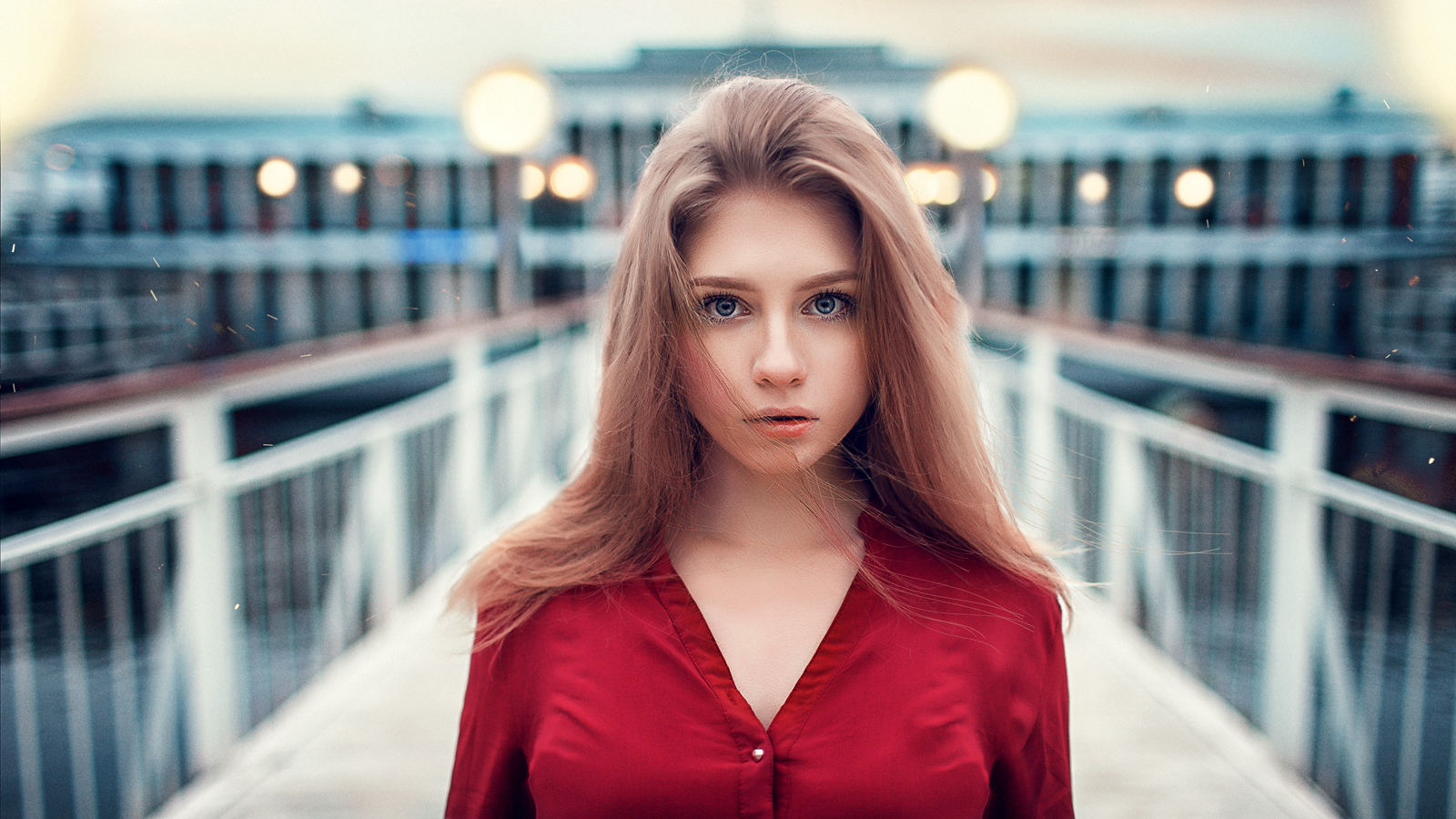Renat Fotov Women Brunette Long Hair Looking At Viewer Blue Eyes Red Clothing Shirt Bridge Depth Of  1600x900