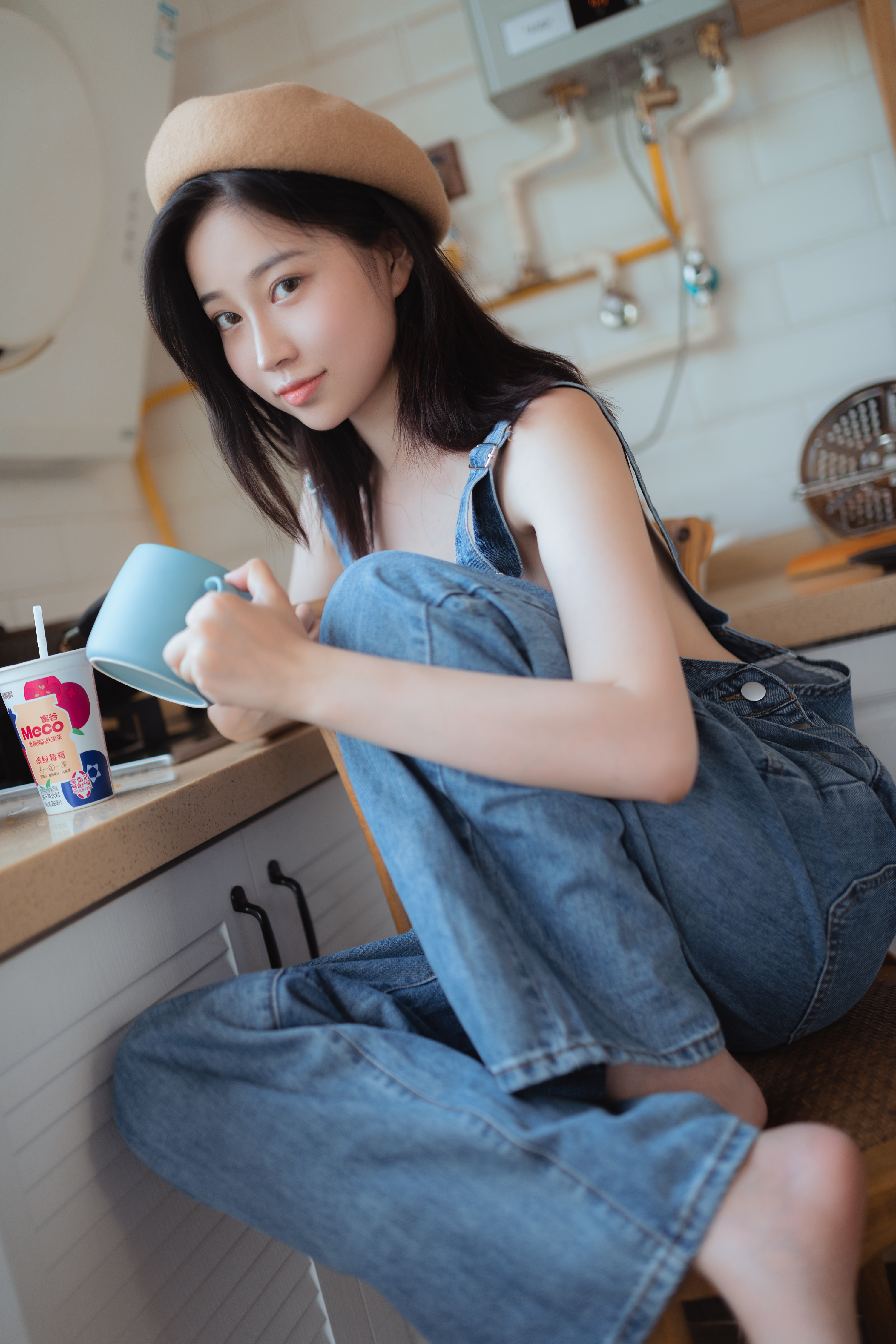 Asian Model Women Indoors Hat Mug Overalls Looking At Viewer Women 3000x4500