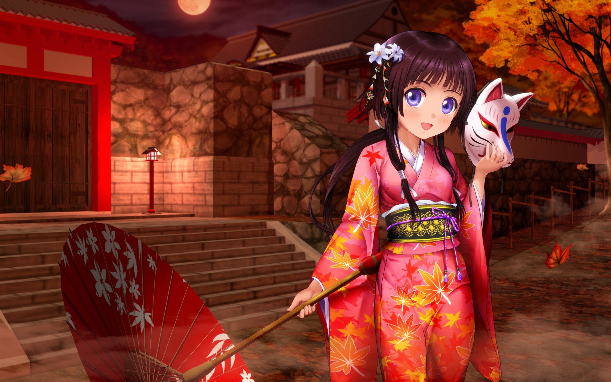 Anime Girls Anime Flower In Hair Umbrella Women With Umbrella Mask Standing Japanese Clothes Purple  2560x1600