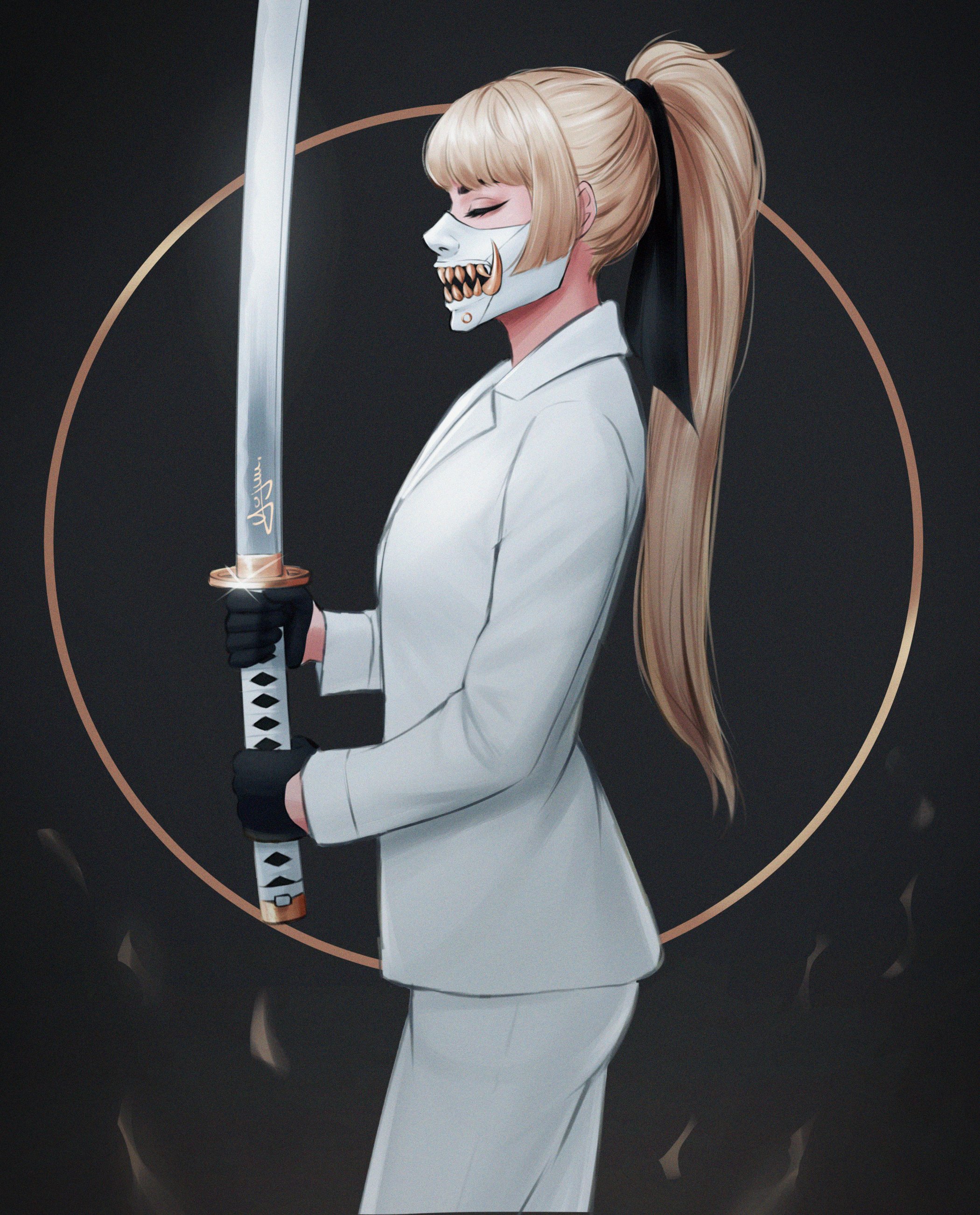 Yajuu White Coat Sword Long Hair Blond Hair Oni Mask Simple Background ArtStation 2100x2603