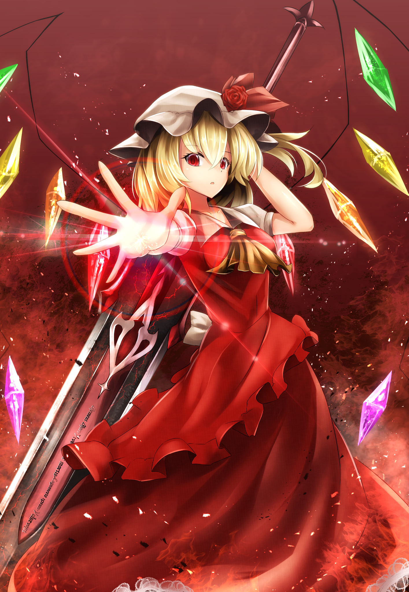 Touhou Flandre Scarlet Anime Girls Sinkai Blonde Red Eyes Dress Red Dress Wings Weapon 1415x2047